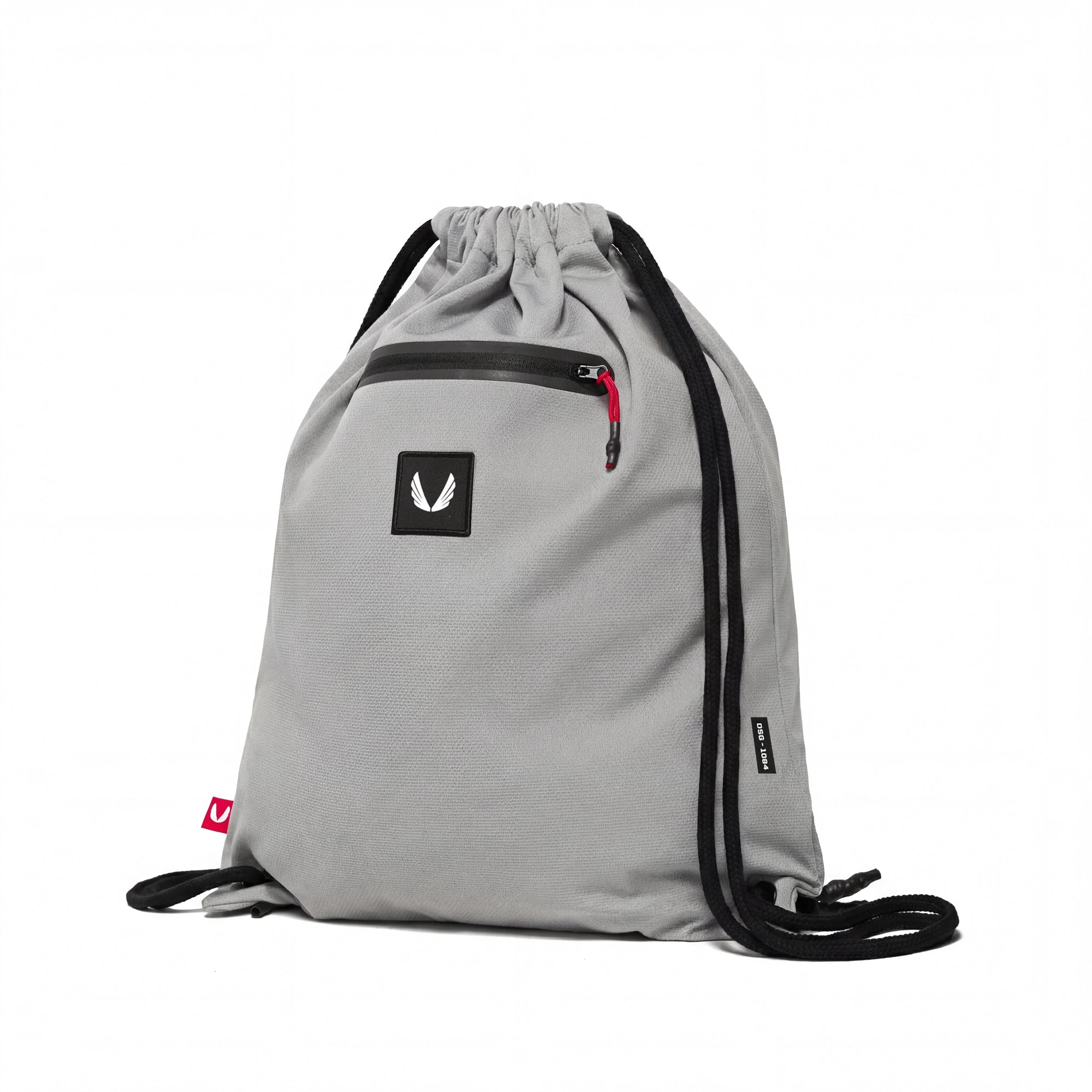 flatlay of antibacterial mesh drawstring bag in slate grey, front view