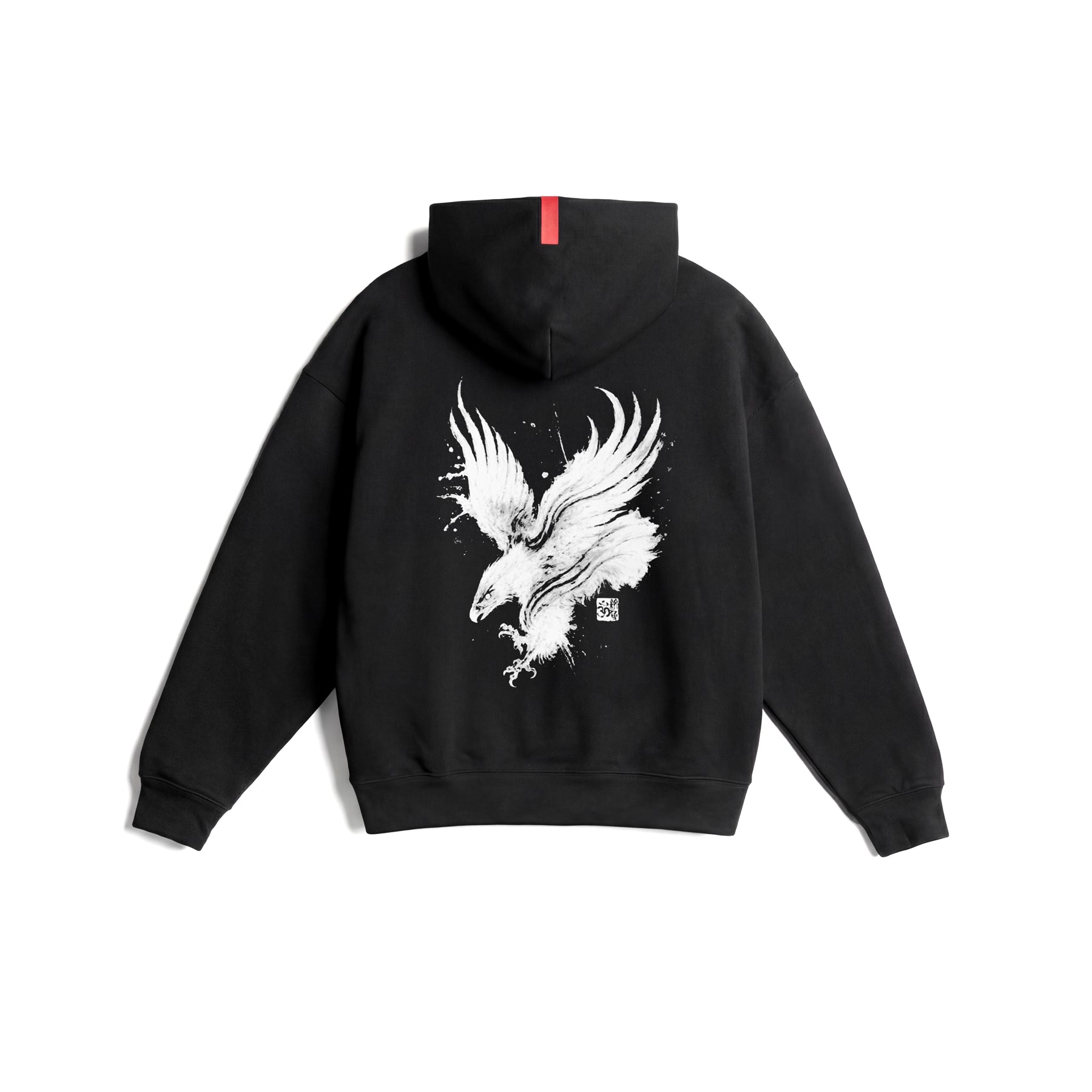Flatlay Tech-Terry Zip Hoodie in black with white eagle graphic, back view