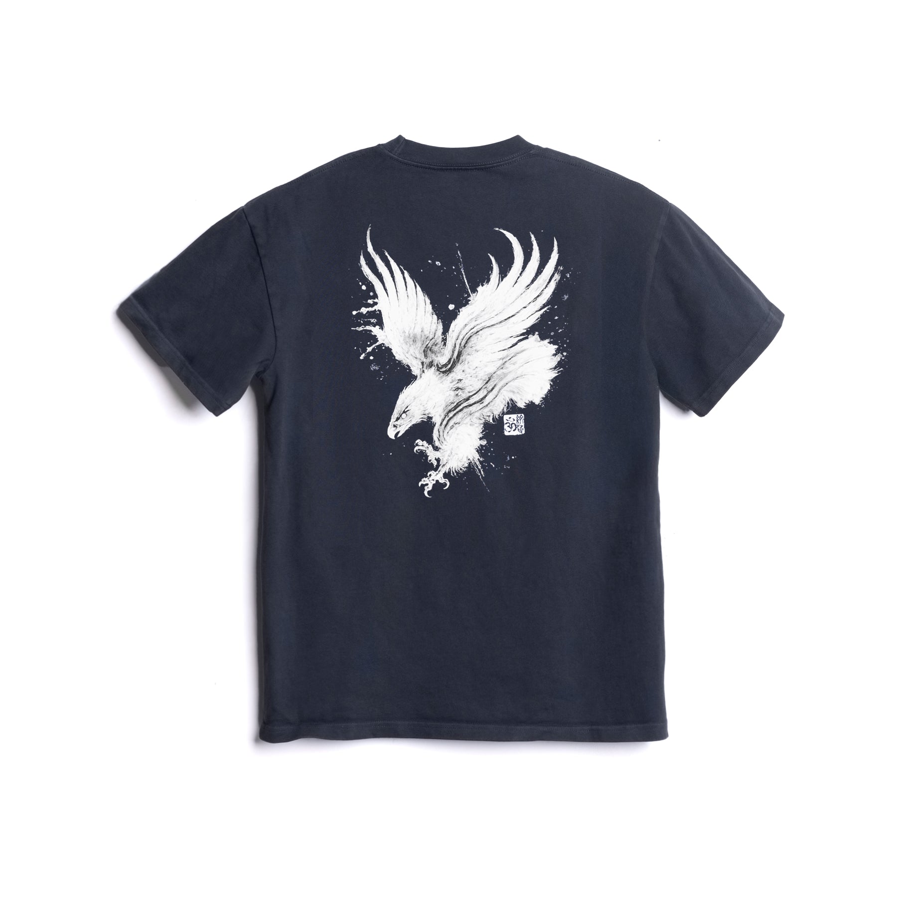Flatlay of navy cotton tee with white eagle graphic print, back view