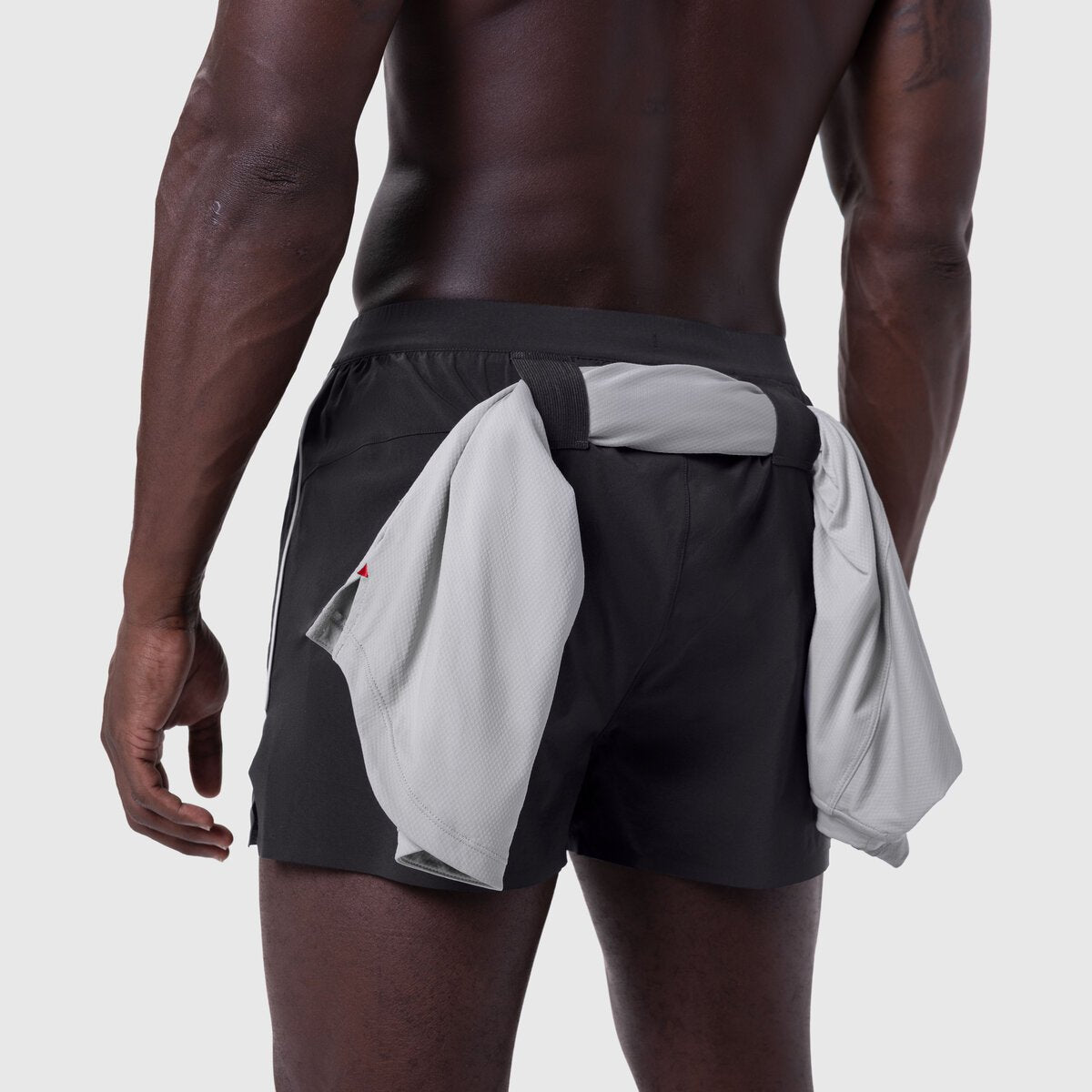 Aerotex 3" Distance Short in black with white panel, rear view on model
