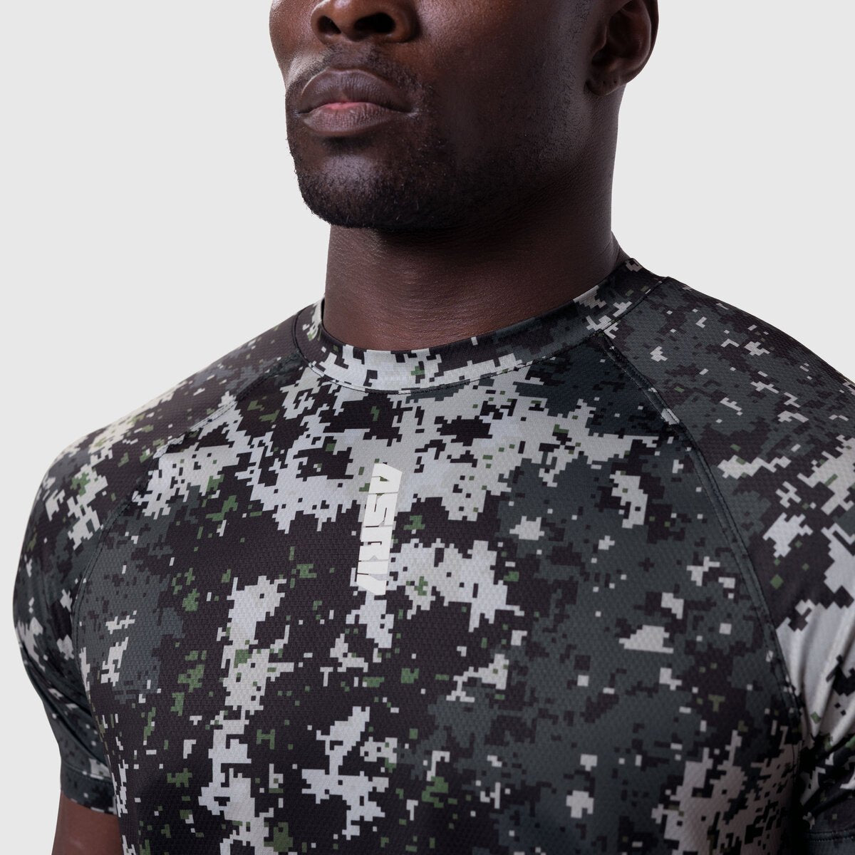 AeroSilver Established Tee in pixel camo black and white, worn by model, front view
