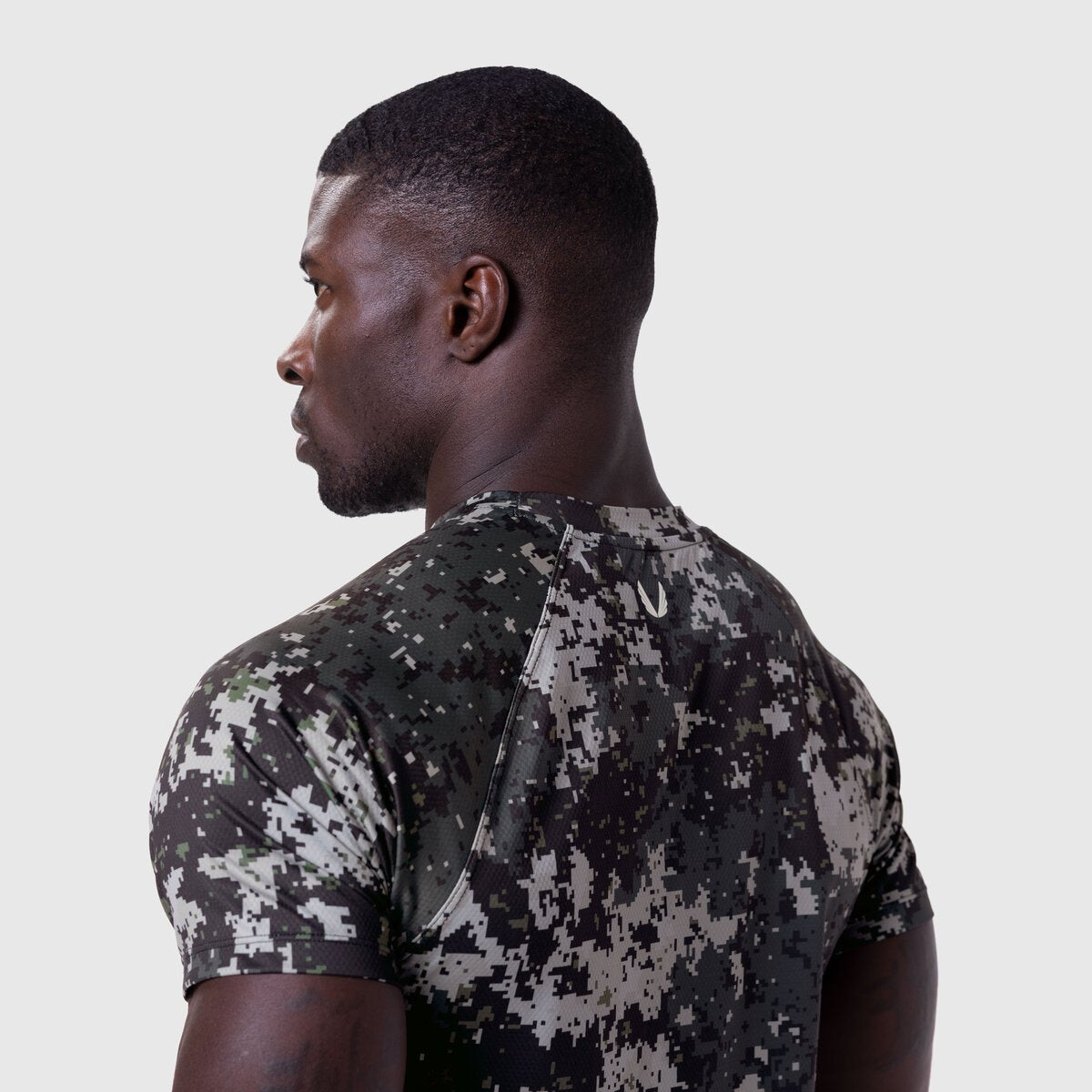 AeroSilver Established Tee in Pixel Camo Blade worn by model, back view