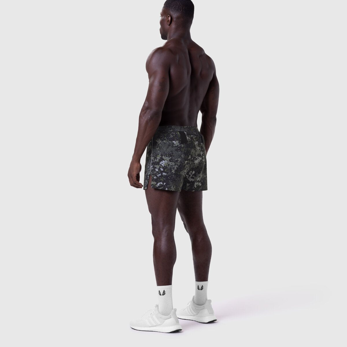 Aerotex 3" Distance Short in Pixel Camo Blade, worn by model from behind