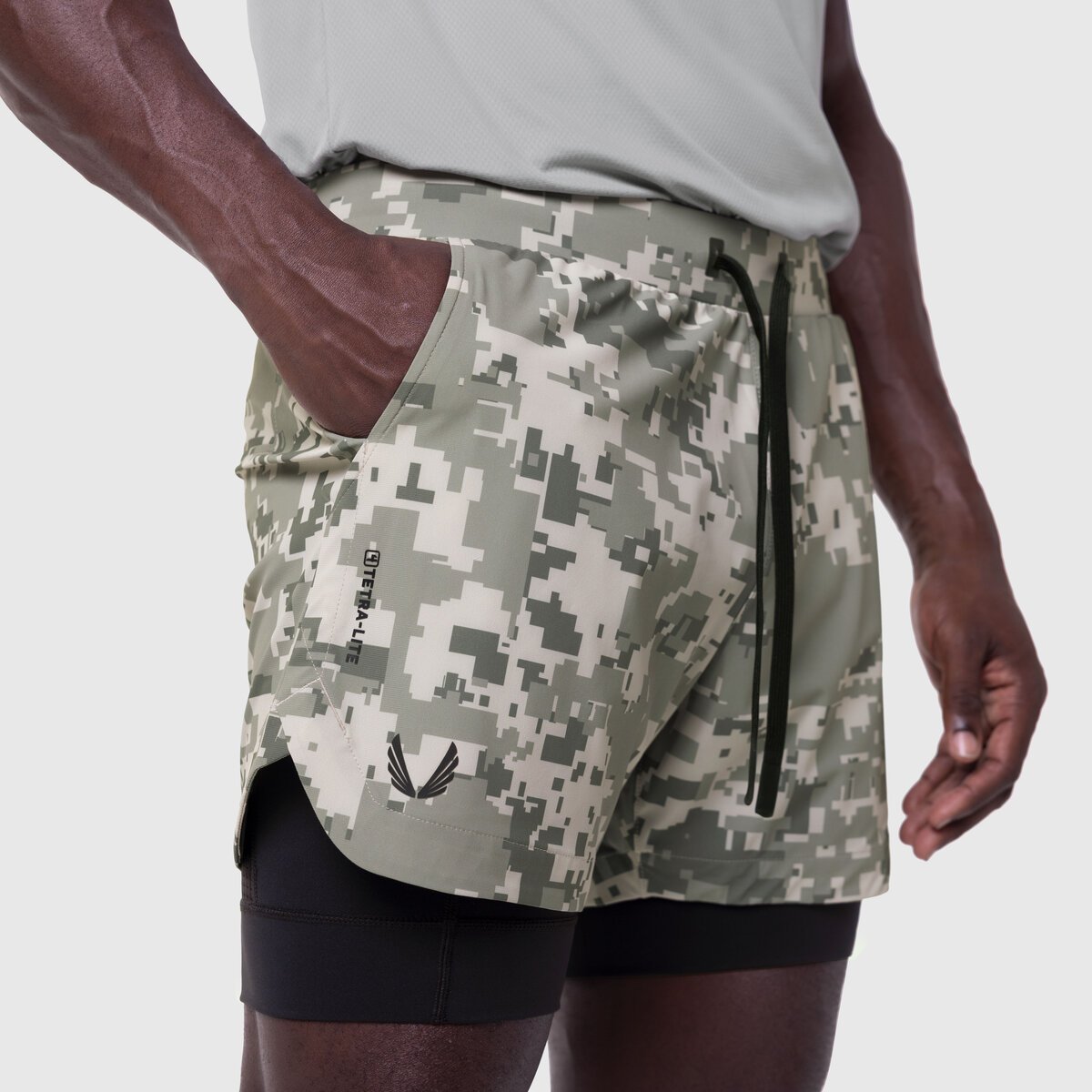 Tetra-Lite 5" Liner Short in Digital Camo Wings/Black, worn by model, side view