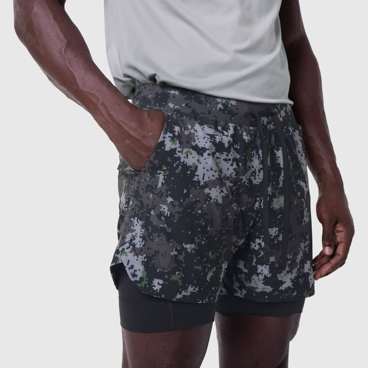 Tetra-Lite 5" Liner Short in Pixel Camo Wings/Black, worn by model, side view