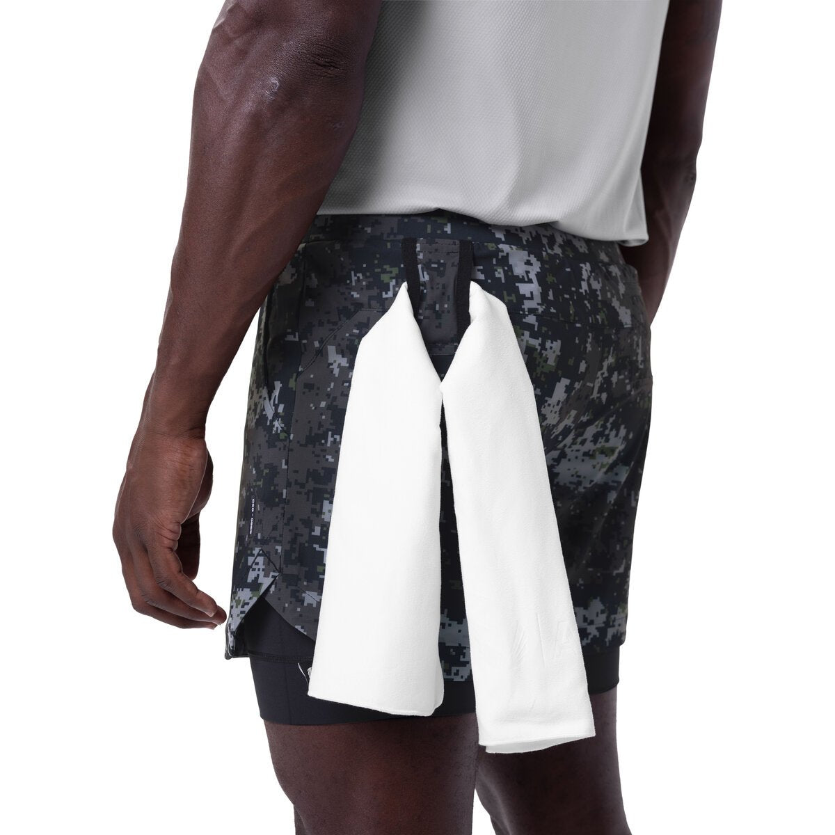 Tetra-Lite Liner Short in pixel camo with white wings detail, side view on model