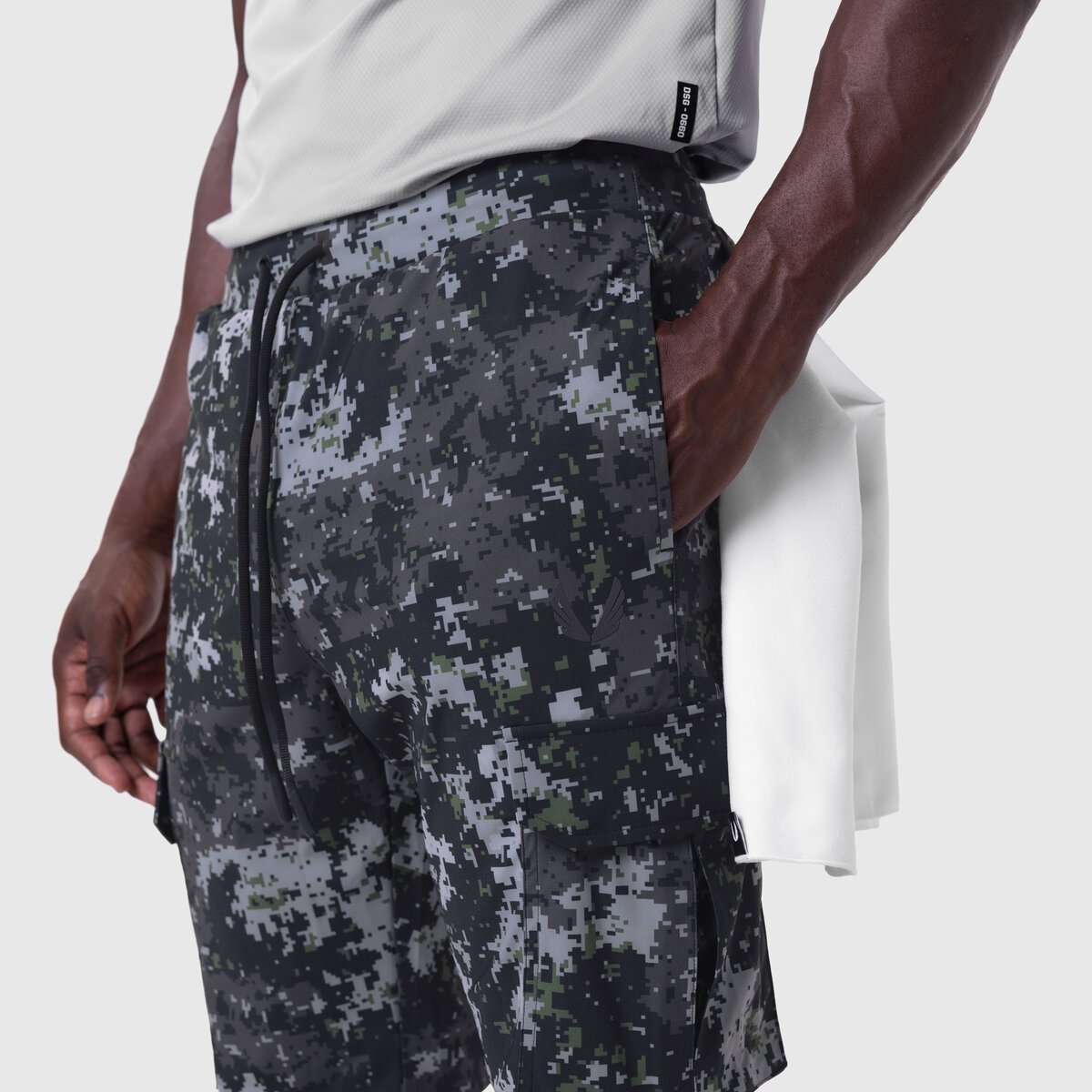 Tetra-Lite Cargo High Rib Jogger in Pixel Camo worn by model, side view