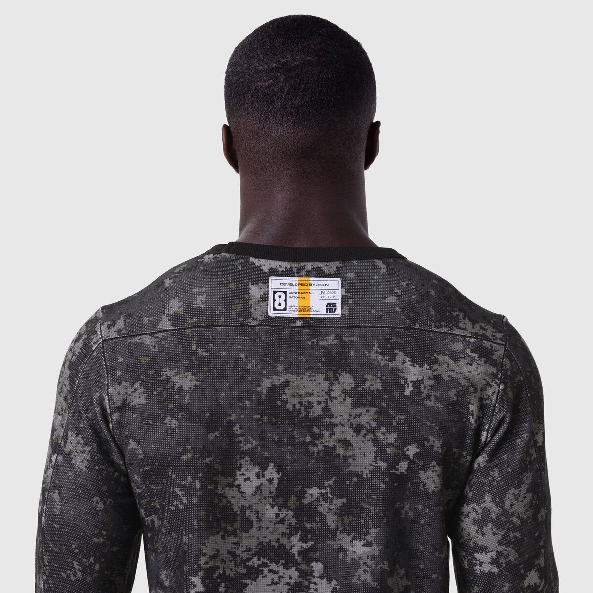 Waffle knit longsleeve in pixel camo, back view on model