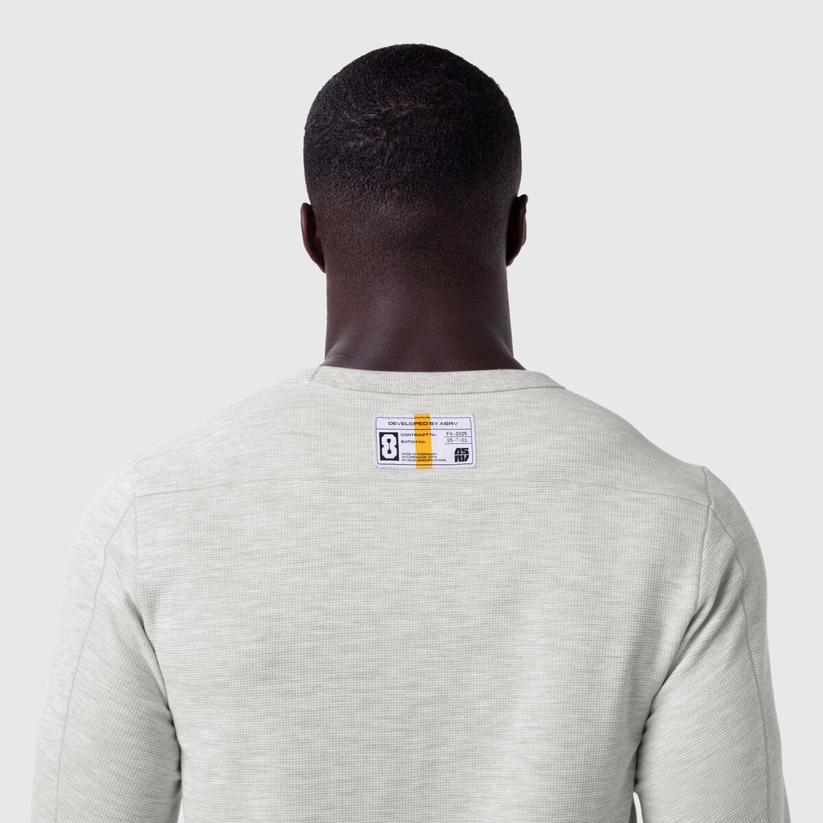 Waffle knit longsleeve in heather grey, back view on model