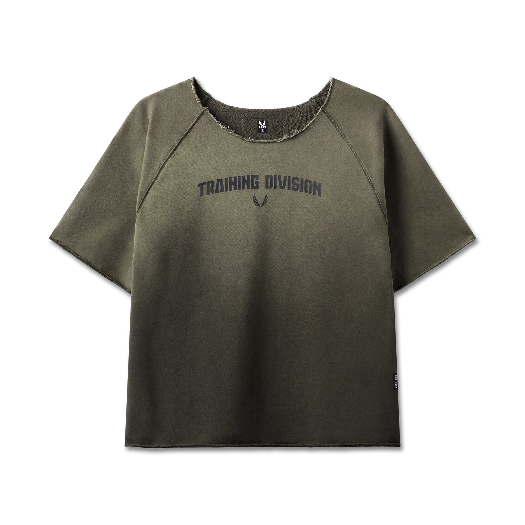 flatlay Vintage Raw Hem Pump Cover t-shirt in olive sun fade, front view