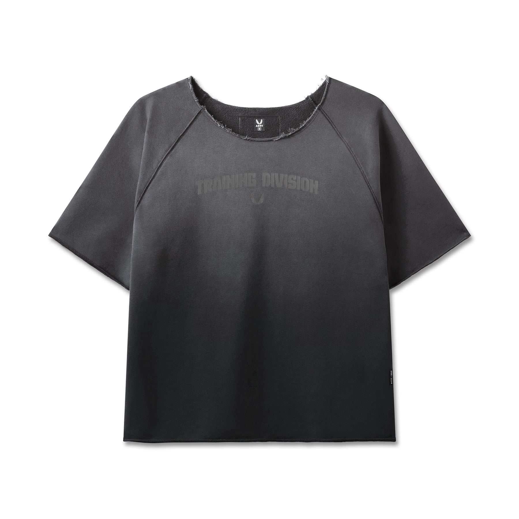 flatlay Vintage Raw Hem Pump Cover t-shirt in black sun fade, front view