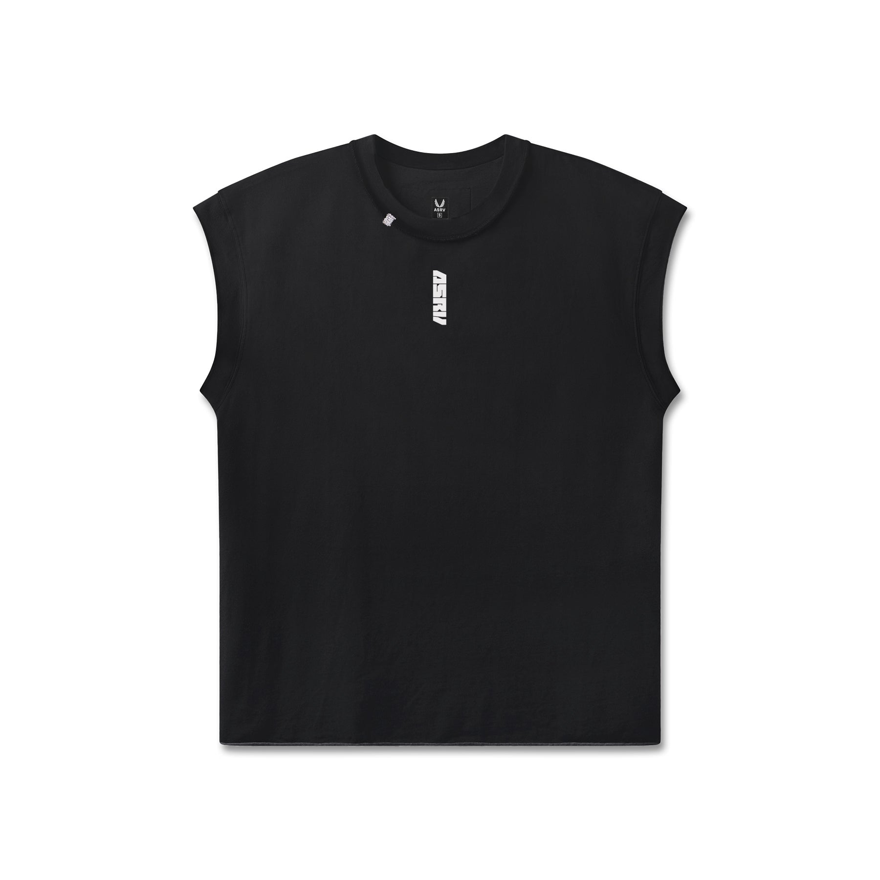 flatlay of black Tech Essential Cap Shoulder Cutoff sleeveless shirt, front view