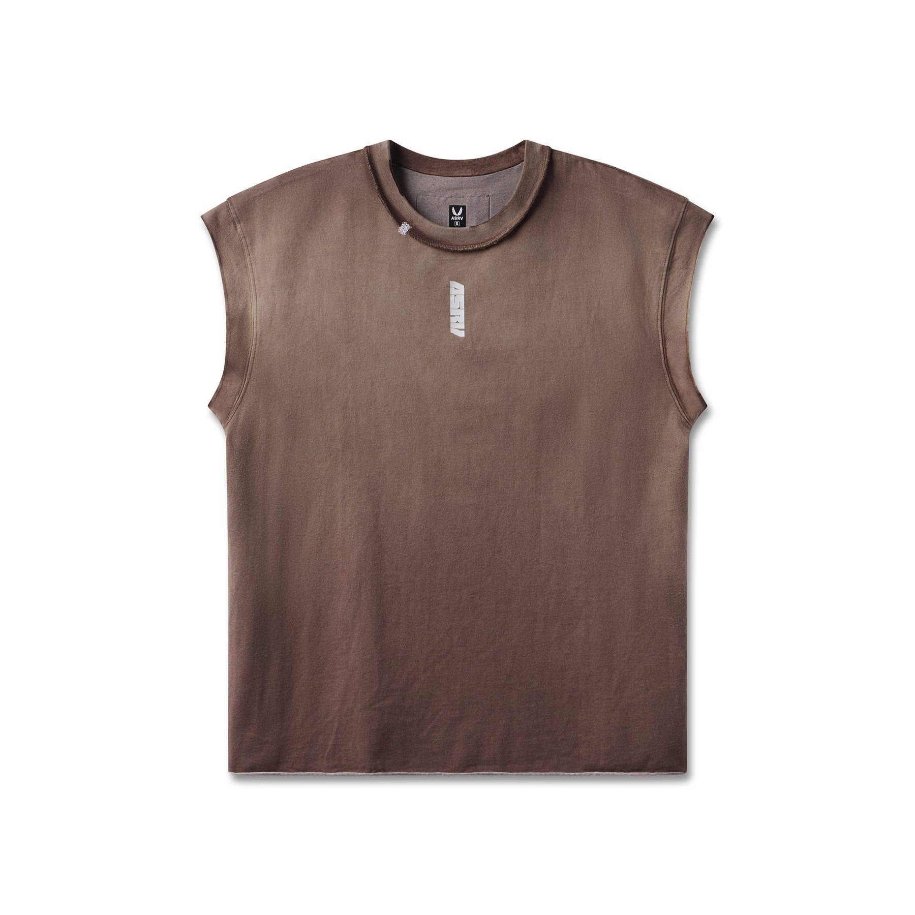 flatlay Tech Essential Cap Shoulder Cutoff sleeveless tee in dark earth sun fade, front view