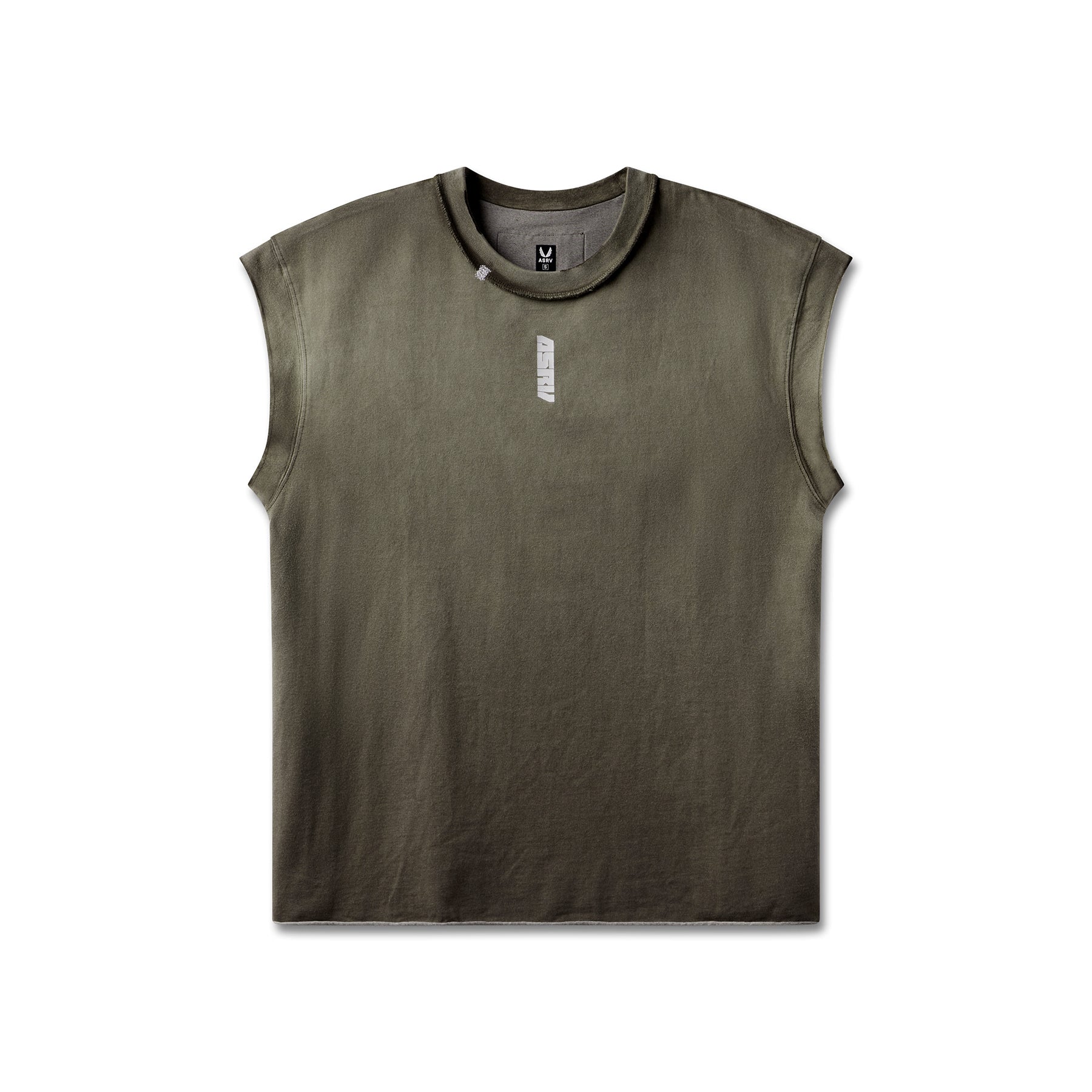 flatlay Tech Essential Cap Shoulder Cutoff sleeveless tank in olive sun fade, front view