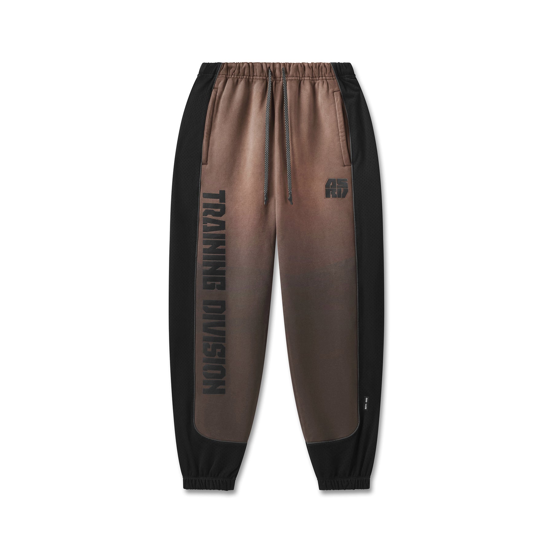 flatlay Tech-Terry Mesh Panel Sweats in dark earth brown and black, front view
