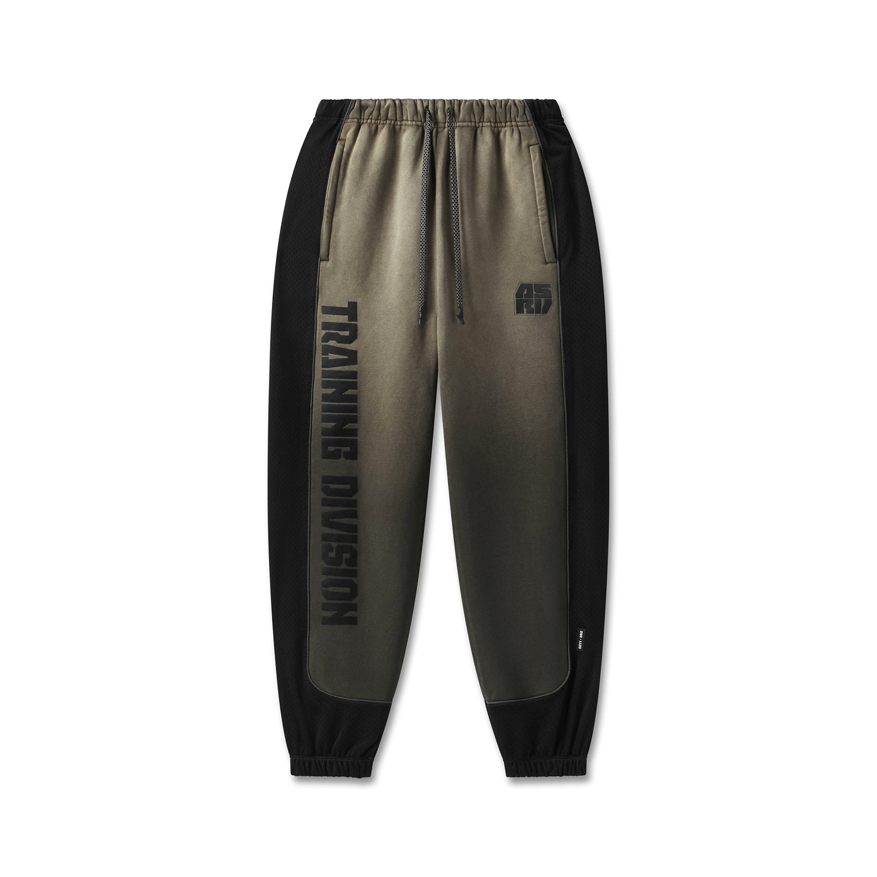 flatlay Tech-Terry Mesh Panel Sweats in olive with black side panels, front view