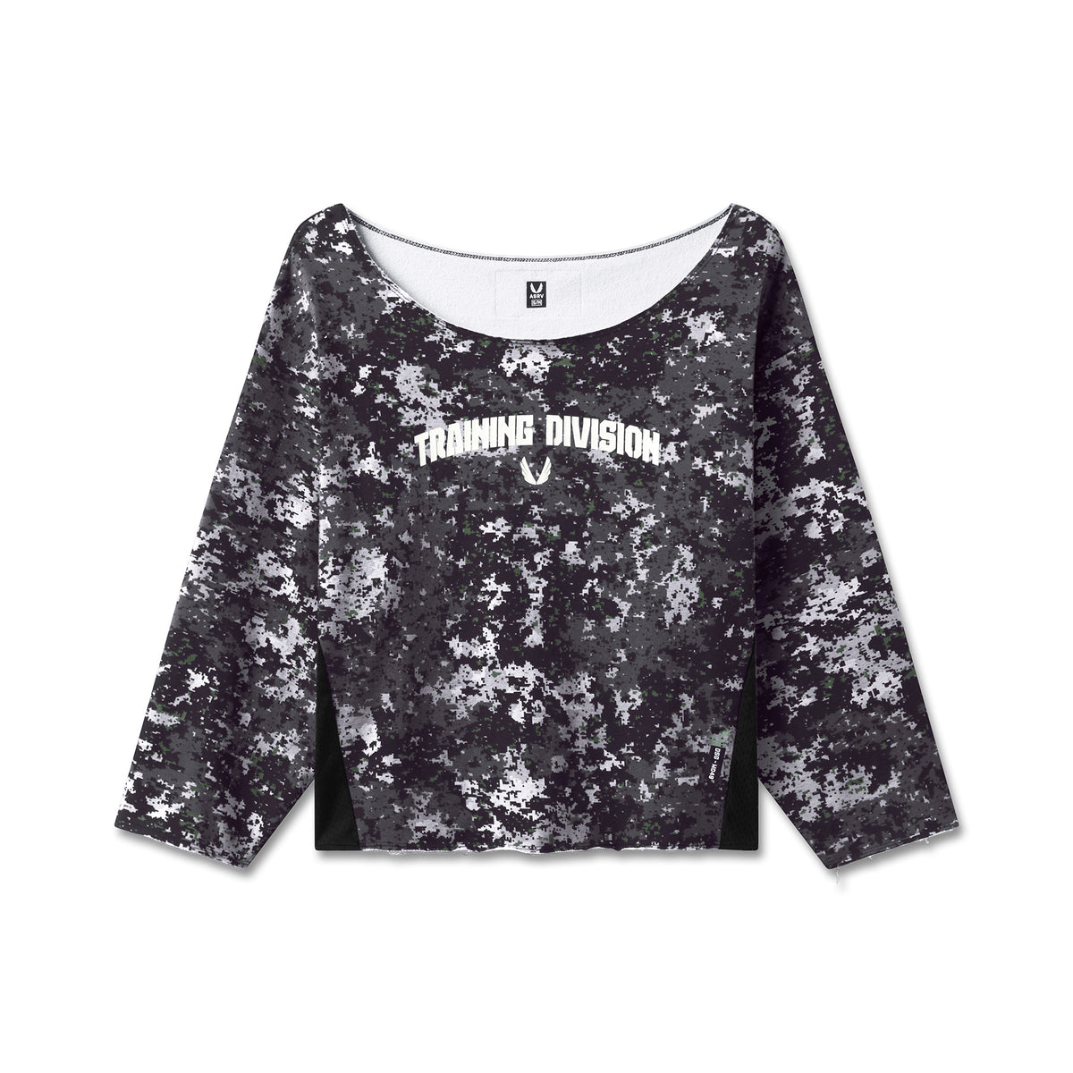 Raw Hem Oversized Crewneck in black pixel camo, front view