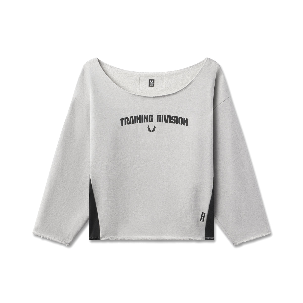 W049 Raw Hem Oversized Crewneck in heather grey with Training Division text, front view