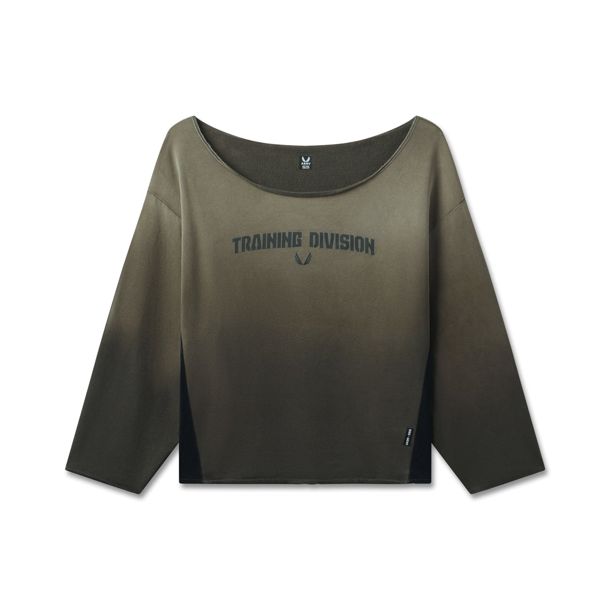 Raw Hem Oversized Crewneck in olive sun fade with Training Division text, front view