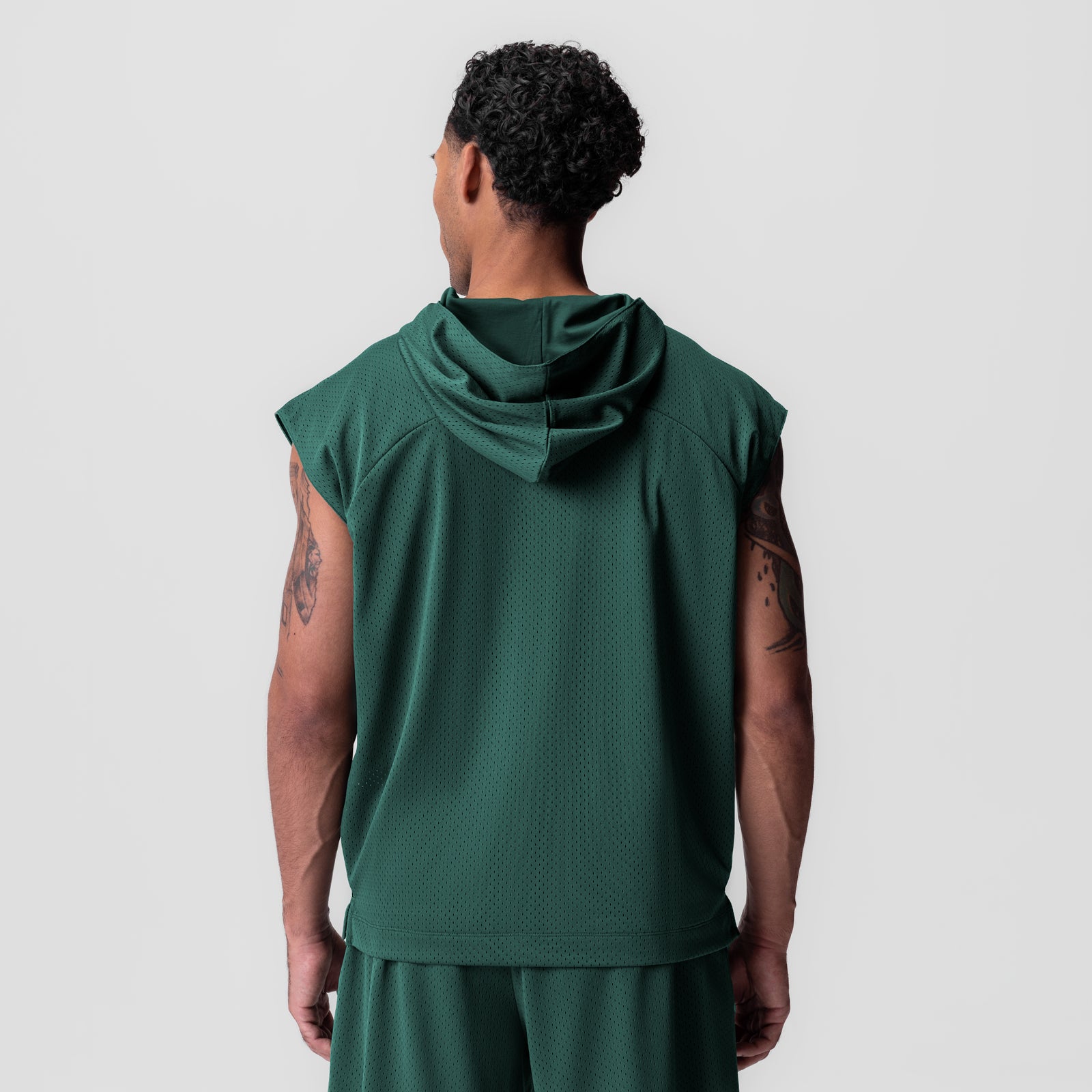 Reversible 2-in-1 Cutoff Hoodie in forest green, back view on model
