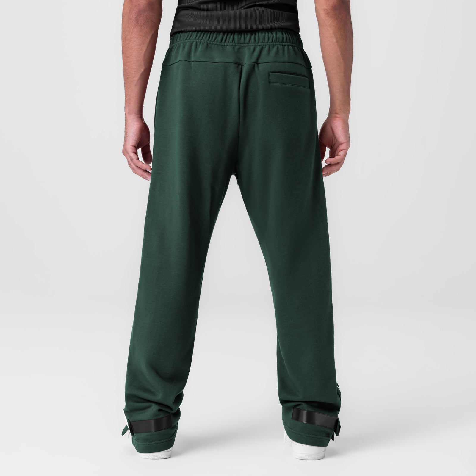Herringbone Terry Snap Button Sweats in forest green, back view on model