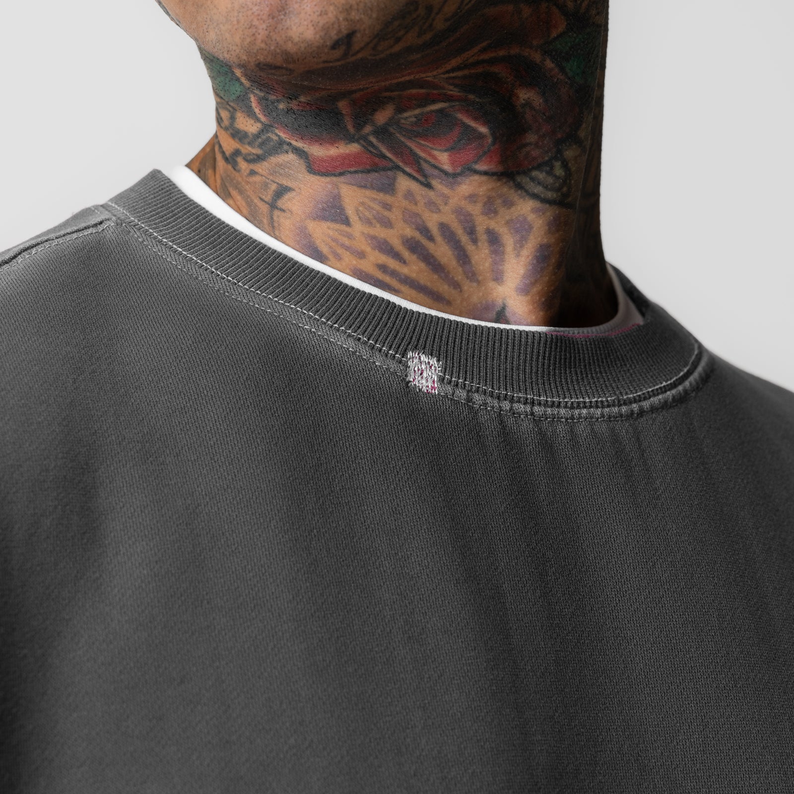Tech Essential Distressed Crewneck in Faded Grey, worn by model showing neckline detail