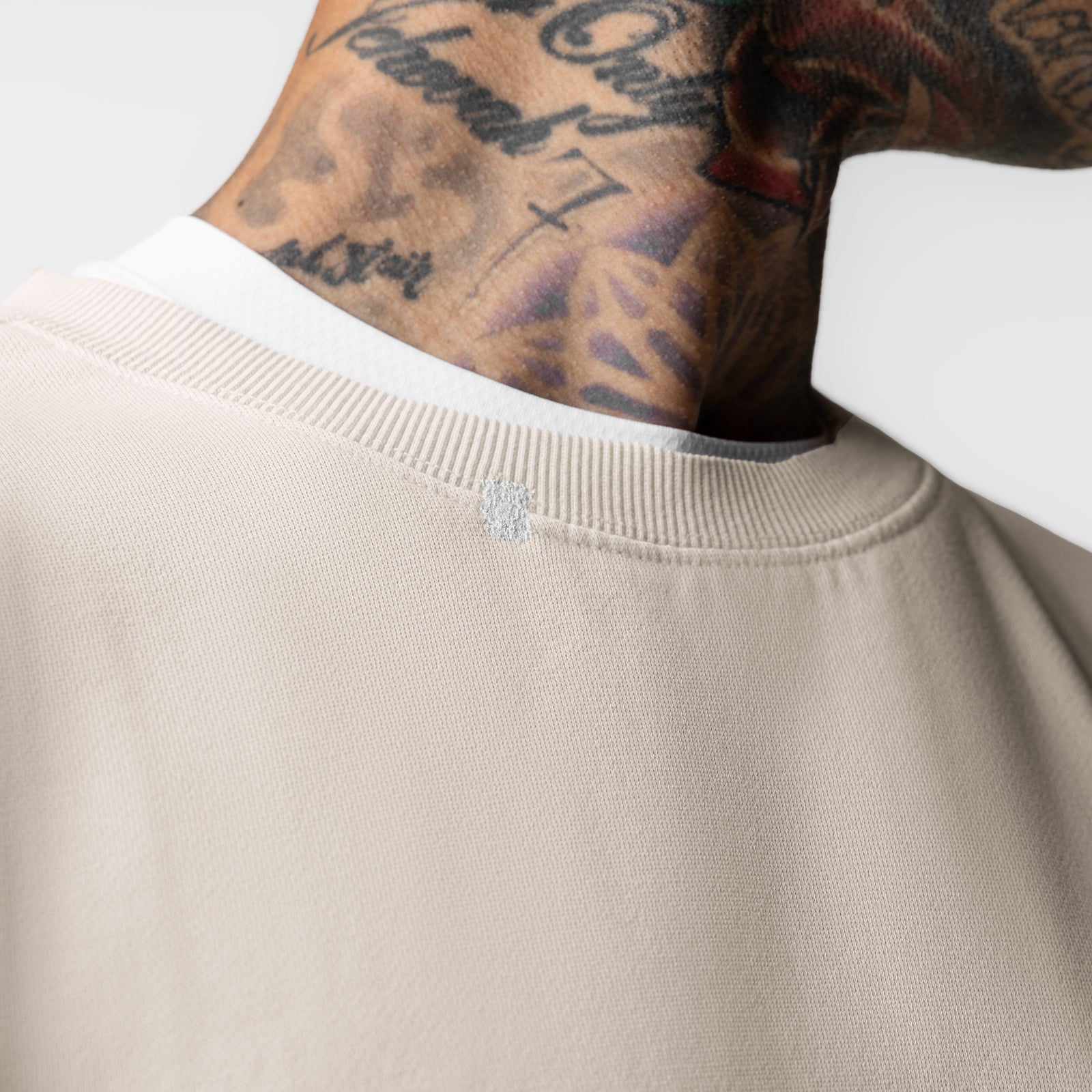 Tech Essential Distressed Crewneck in Faded Stone worn by model, neckline detail