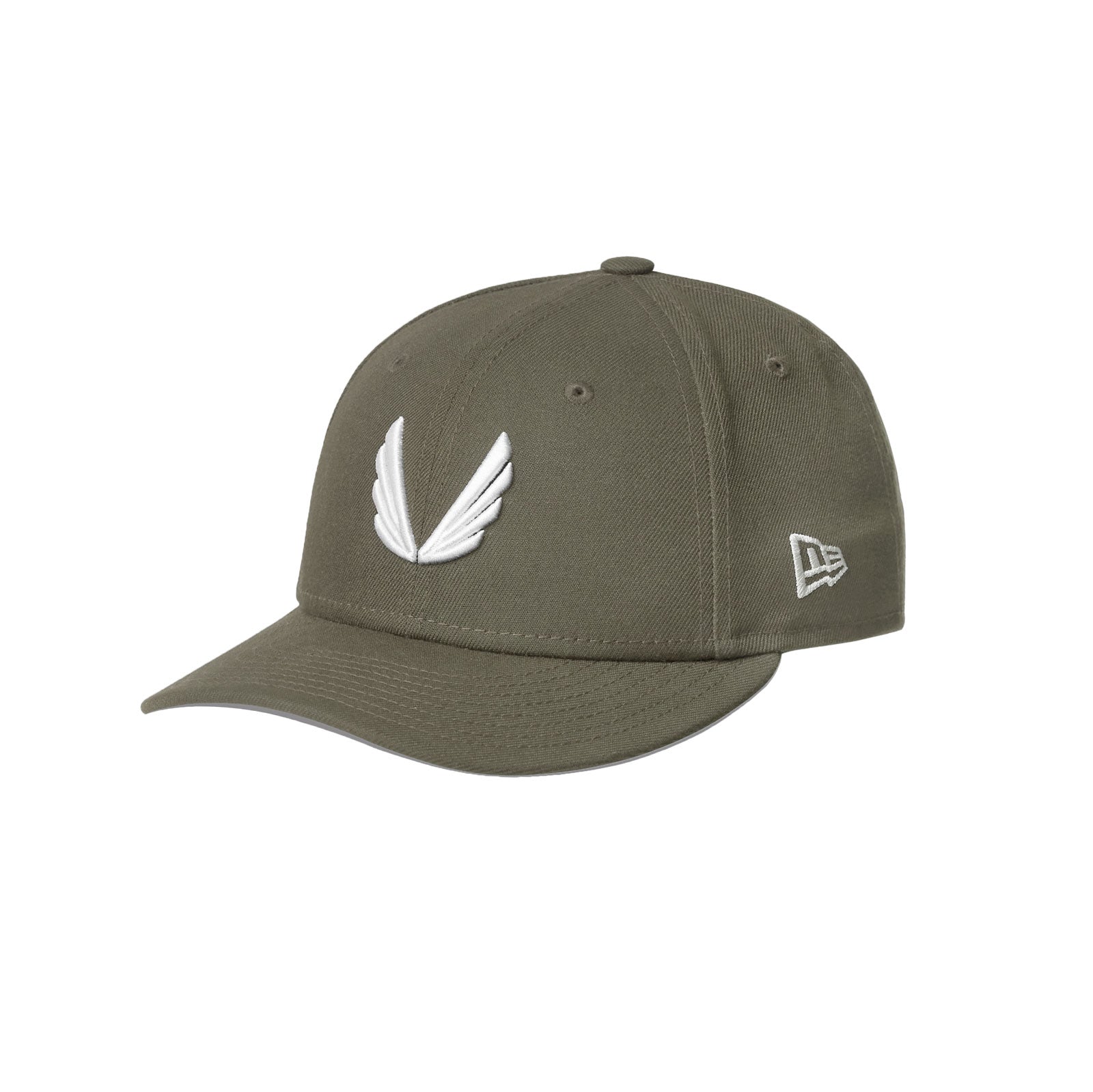 flatlay New Era 59Fifty Low Profile Hat in Faded Olive with white wings logo, front view