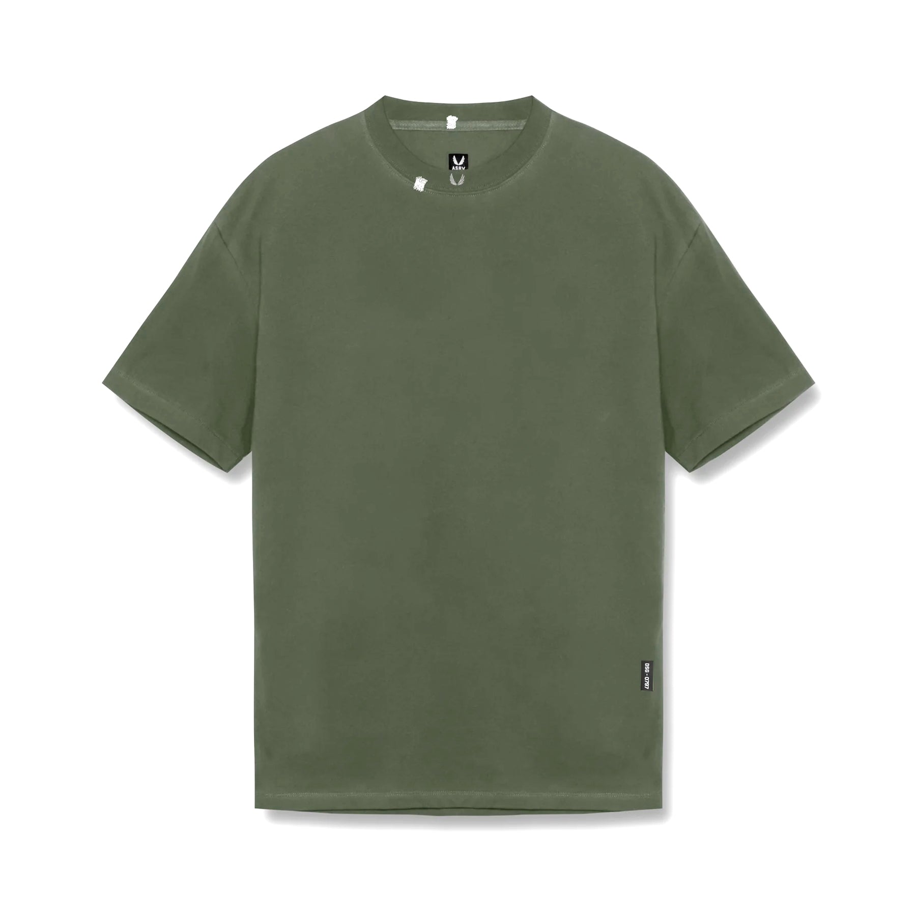 flatlay Tech Essential Relaxed Tee in faded olive, front view