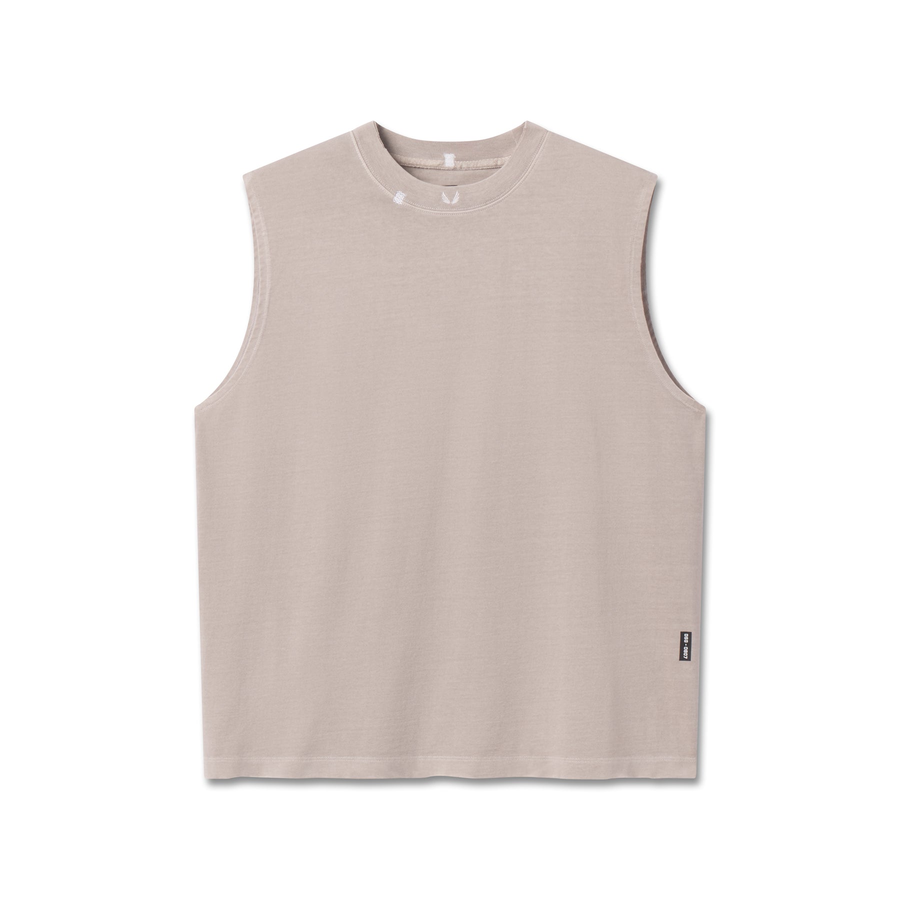 flatlay Tech Essential Relaxed Cutoff sleeveless tank in faded chai, front view