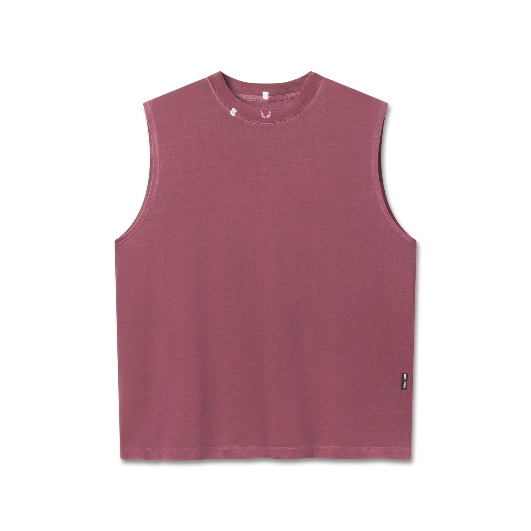 flatlay Tech Essential Relaxed Cutoff sleeveless tank top in faded crimson, front view