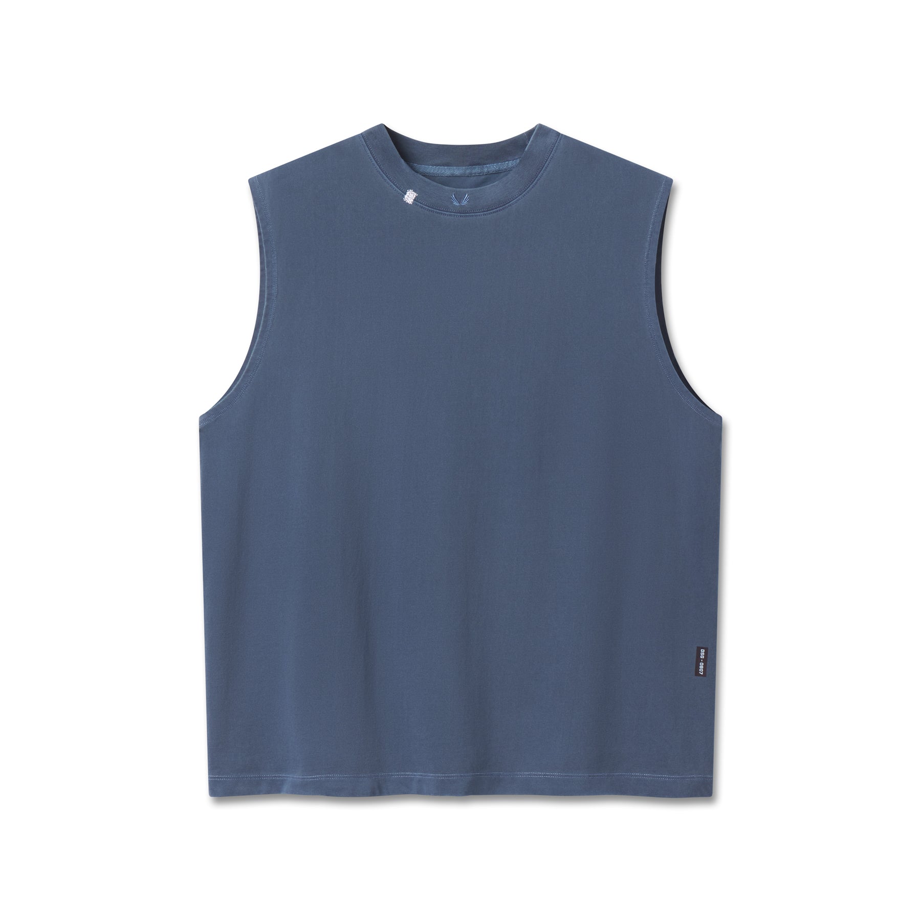flatlay Tech Essential Relaxed Cutoff sleeveless tank in faded navy, front view