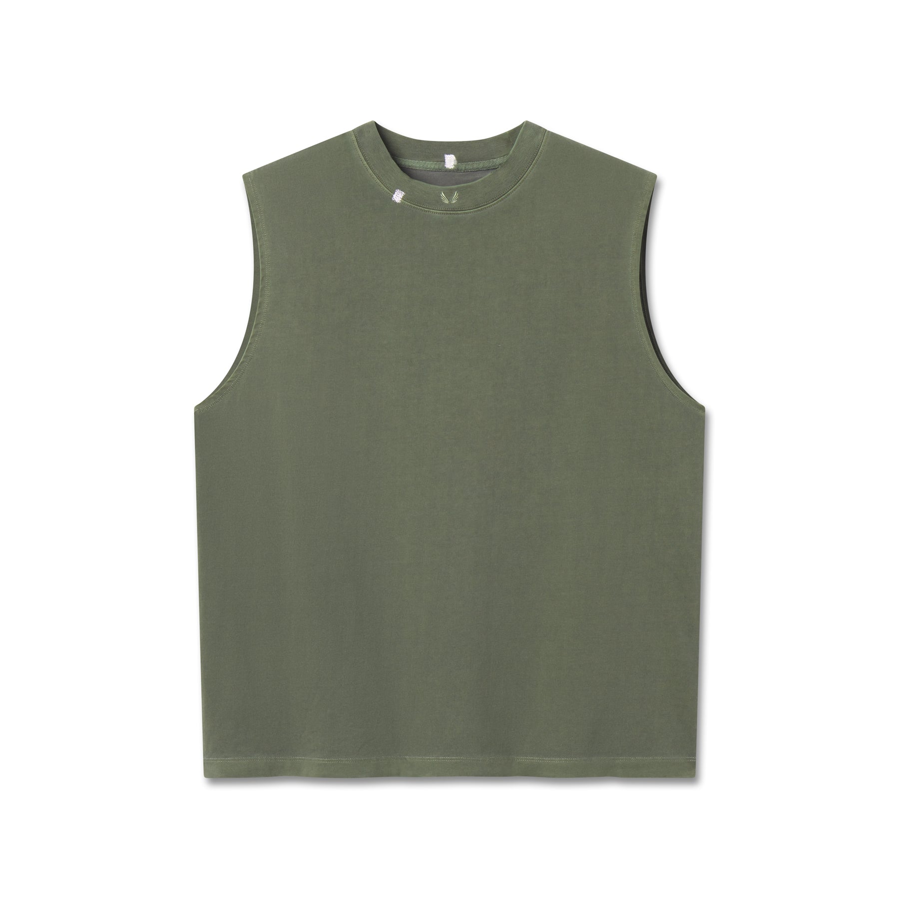 flatlay Tech Essential Relaxed Cutoff sleeveless tank in faded olive, front view