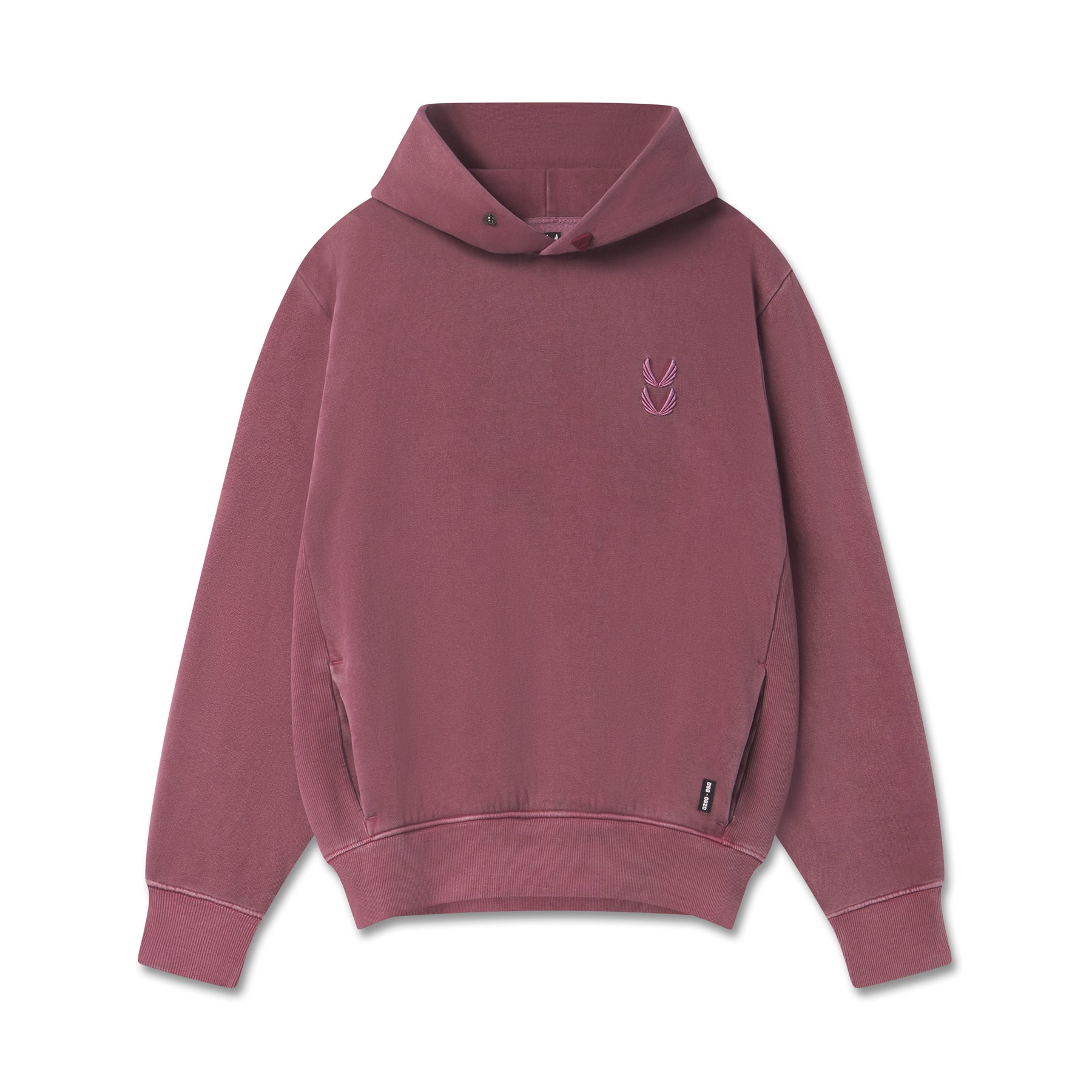 flatlay Tech Essential Distressed Hoodie in faded crimson, front view