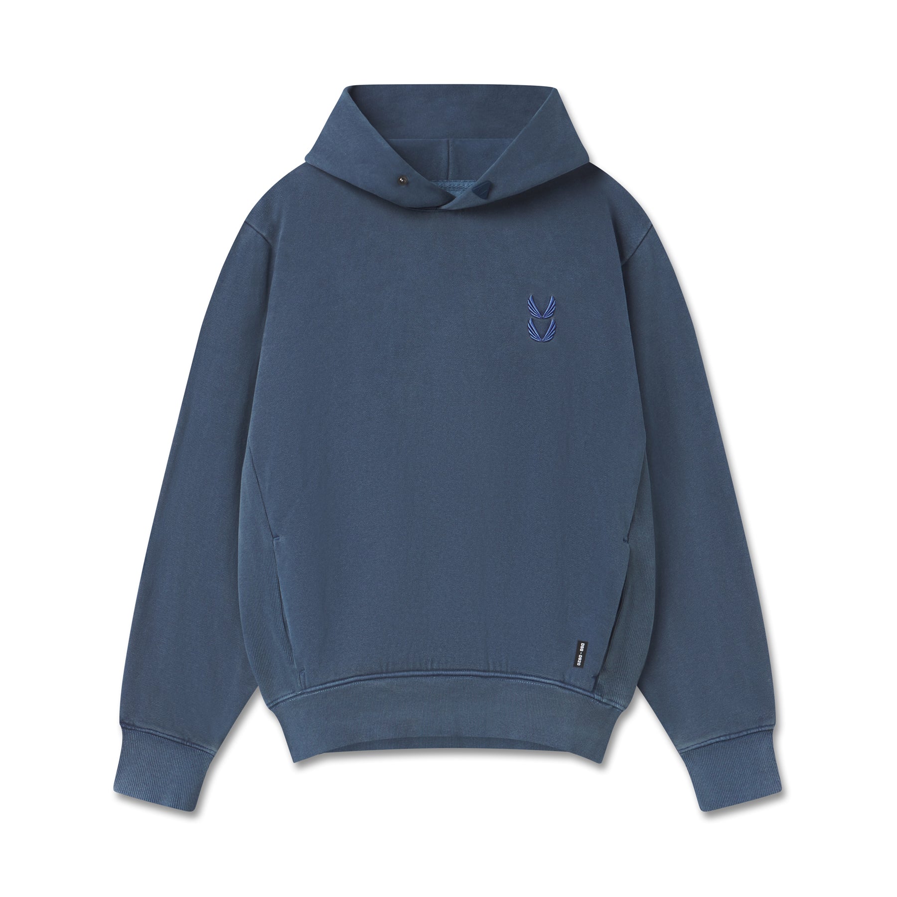 flatlay Tech Essential Distressed Hoodie in faded navy, front view