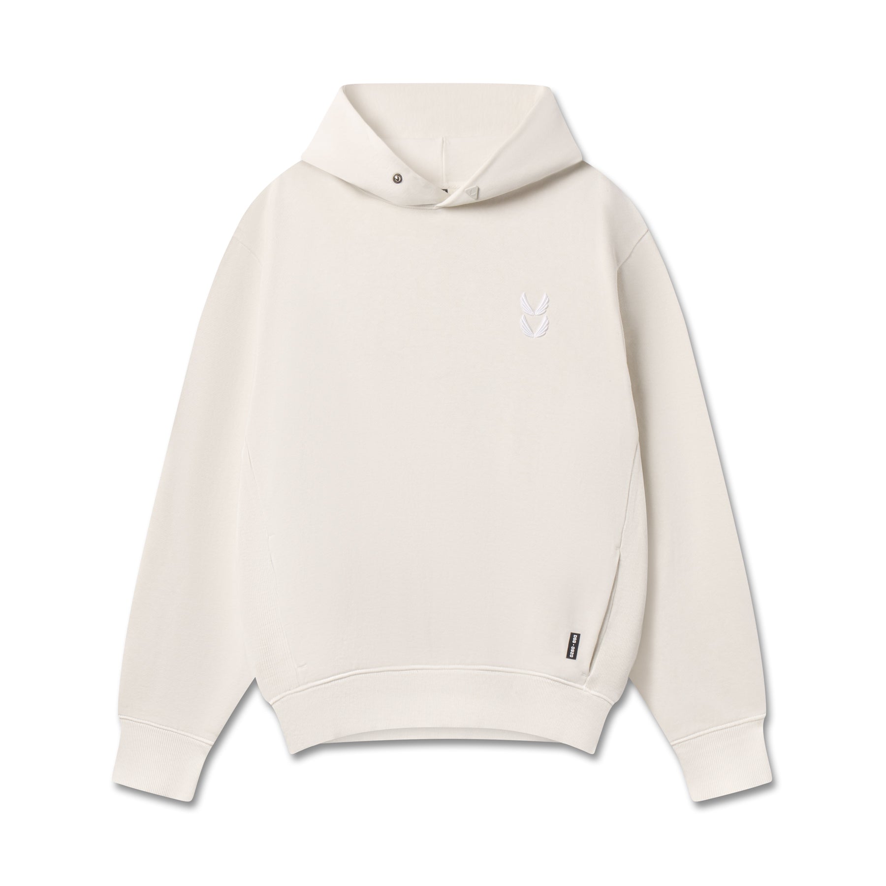 flatlay Tech Essential Distressed Hoodie in faded stone, front view