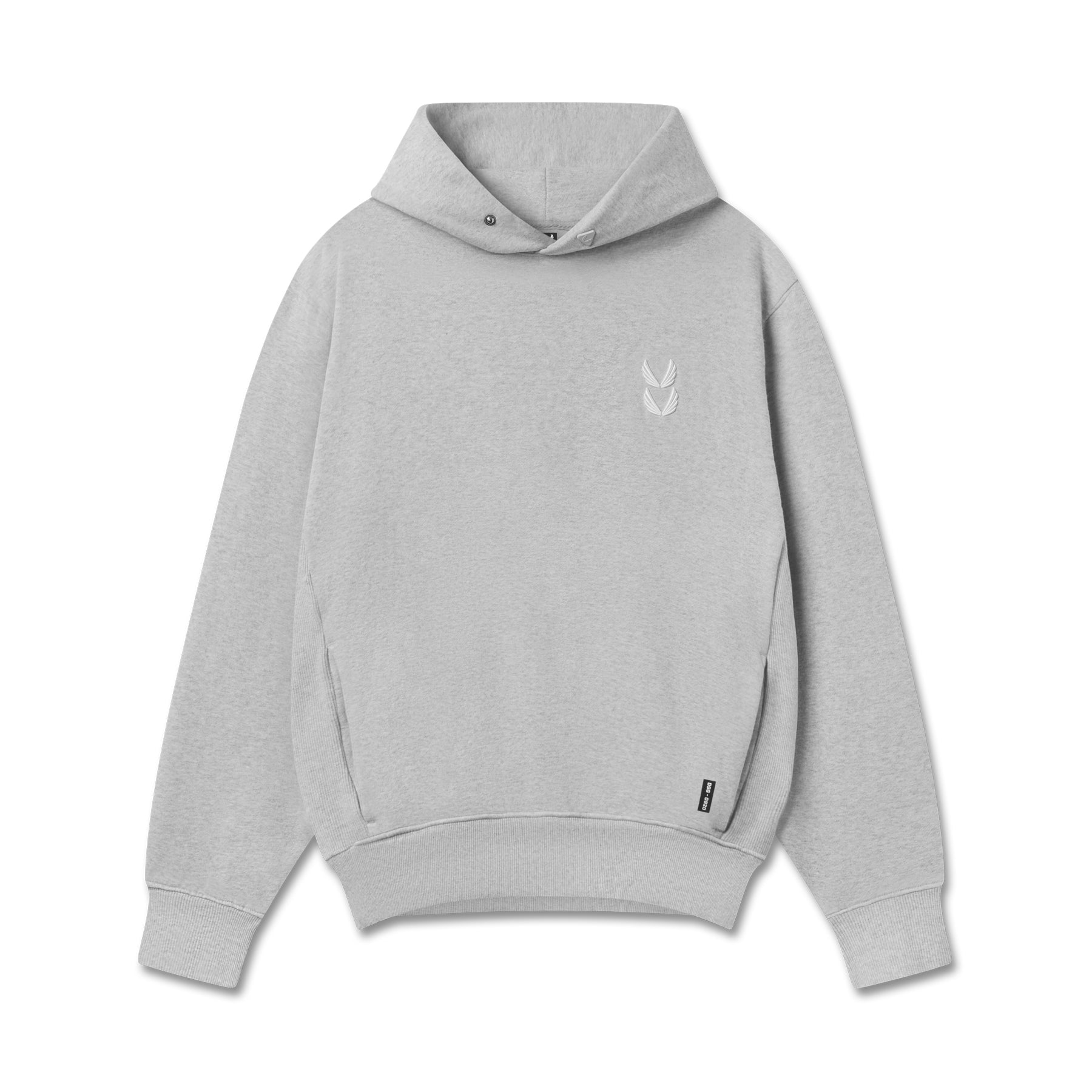 flatlay Tech Essential Distressed Hoodie in heather grey, front view