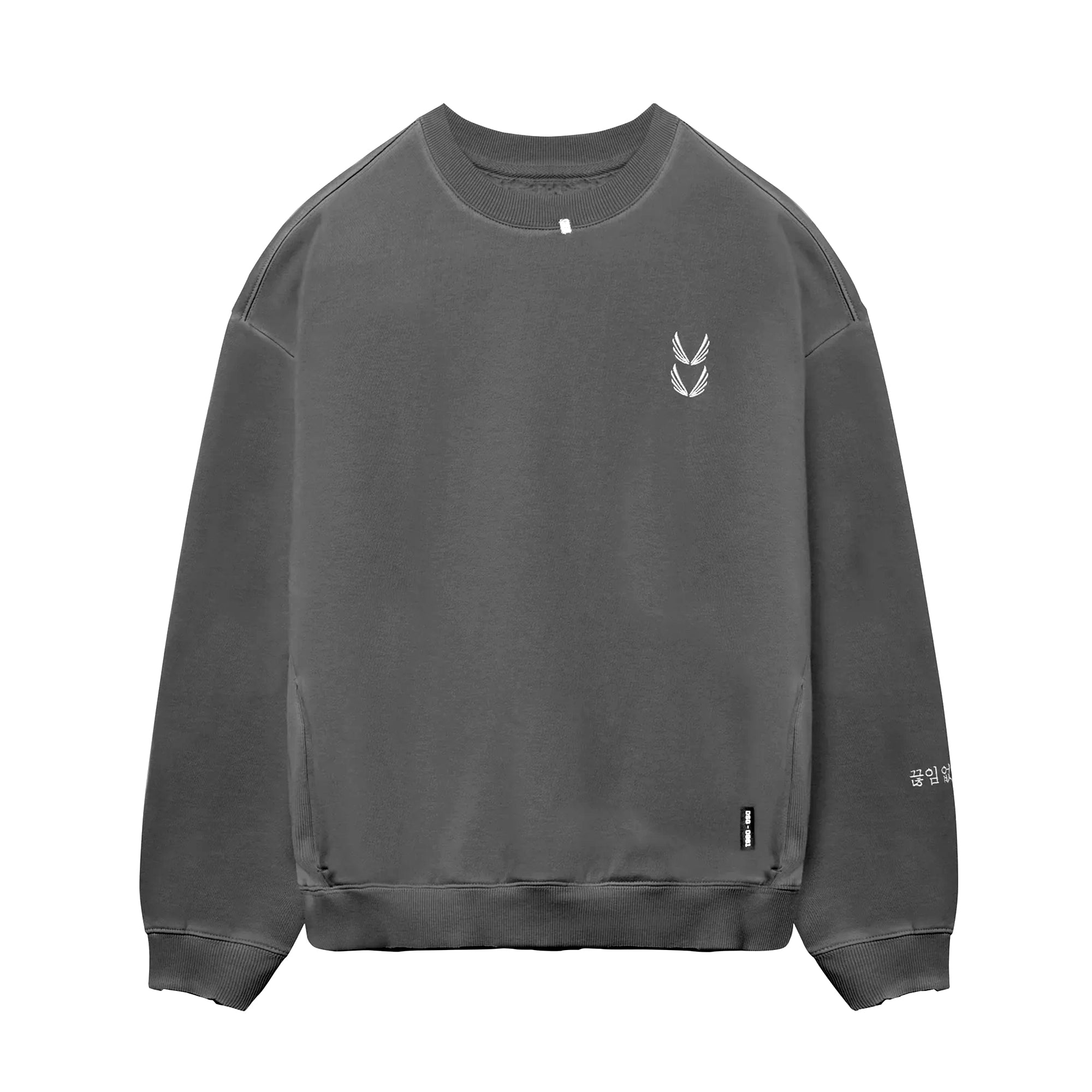 flatlay Tech Essential Distressed Crewneck sweatshirt in faded grey, front view