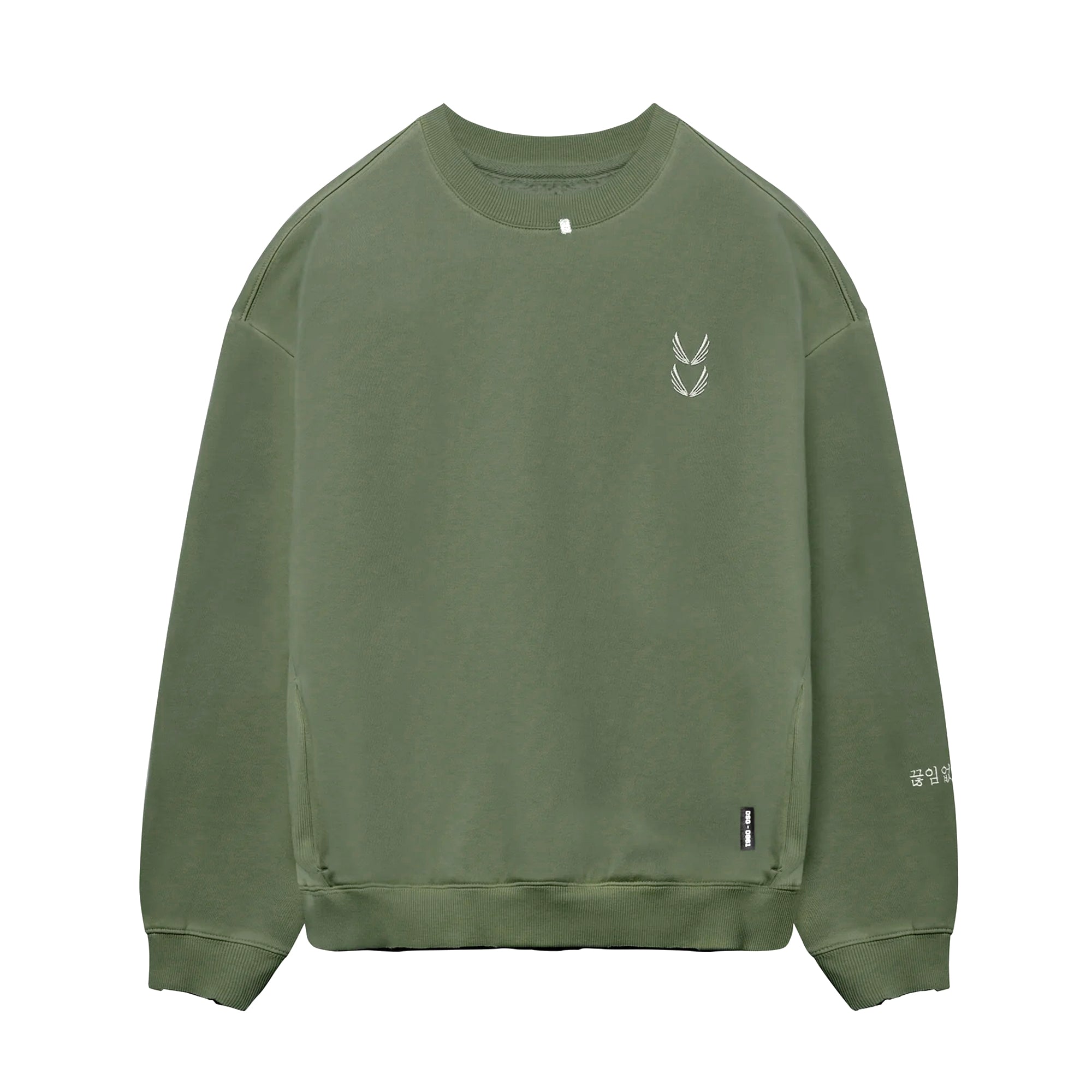 flatlay Tech Essential Distressed Crewneck in faded olive, front view