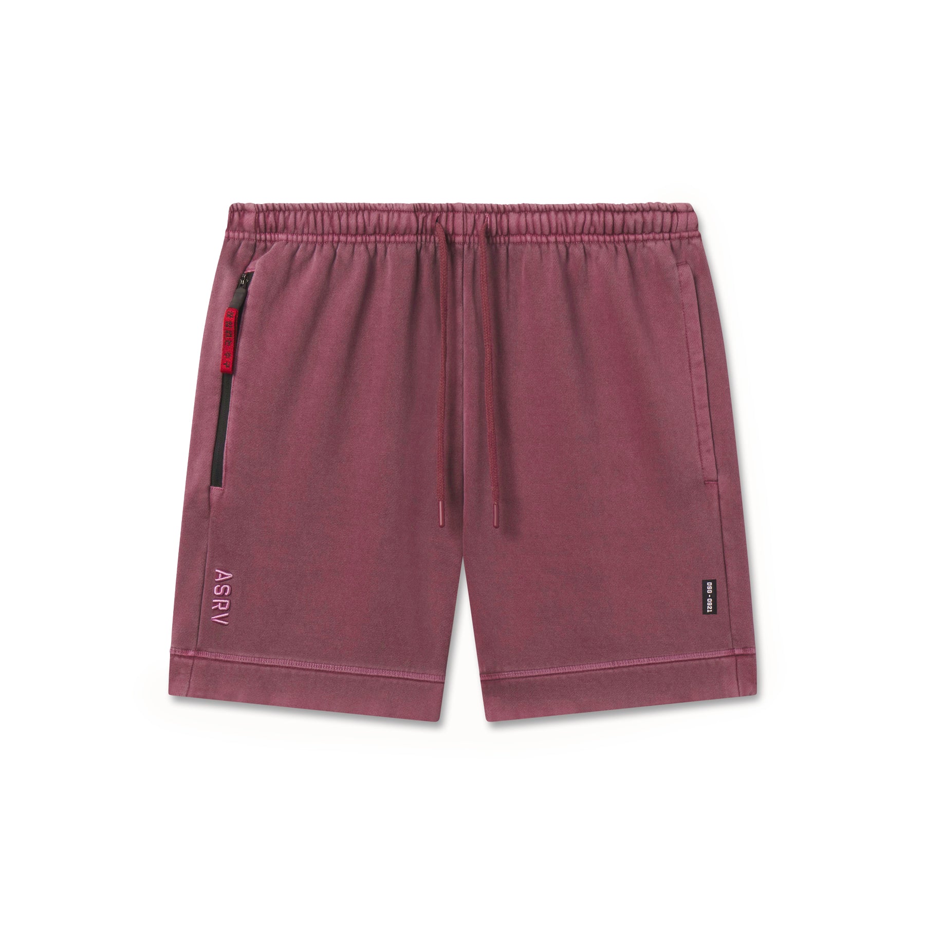 flatlay Tech Essential Sweat Short in faded crimson, front view