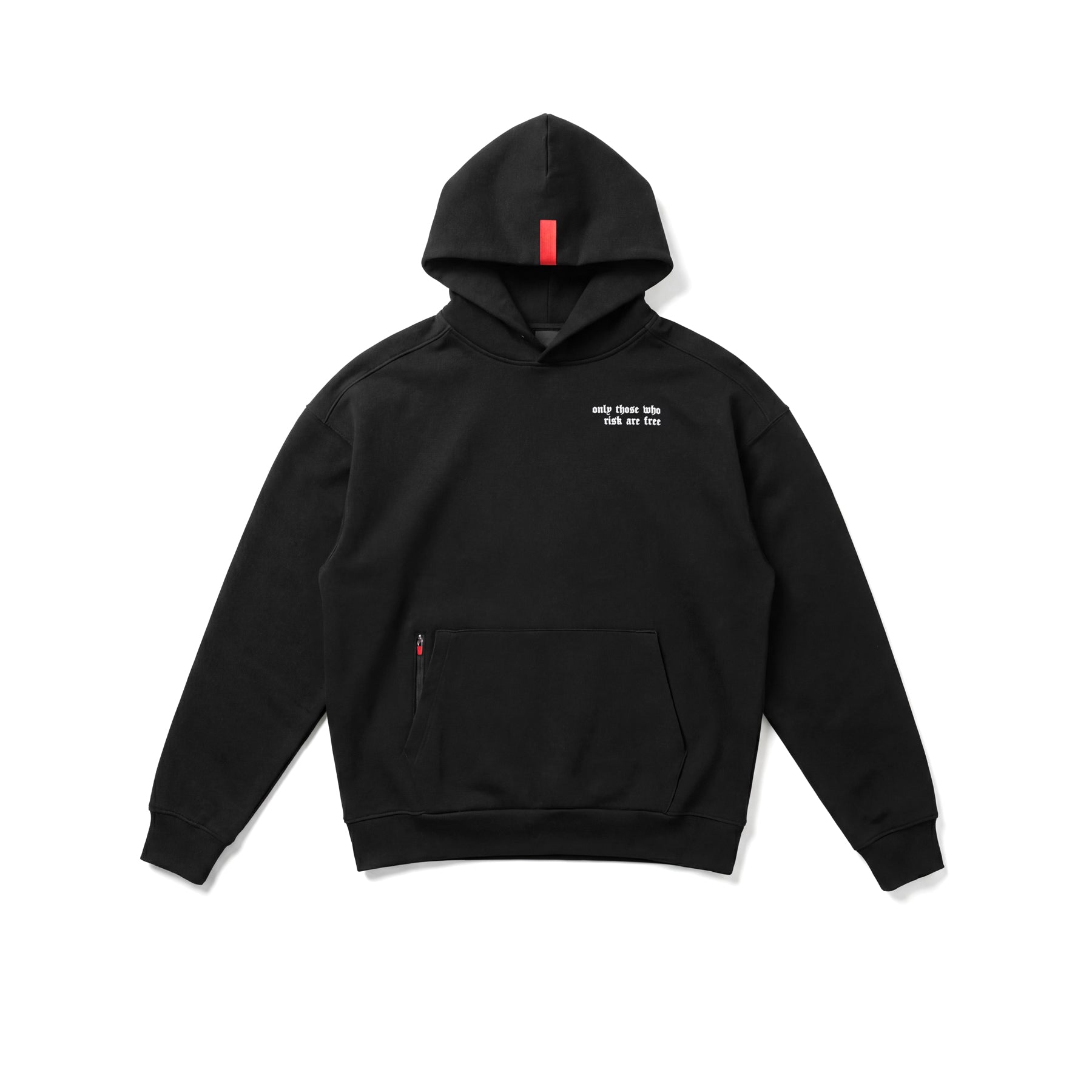 Flatlay Tech-Terry Zip Hoodie in black with red hood detail, front view