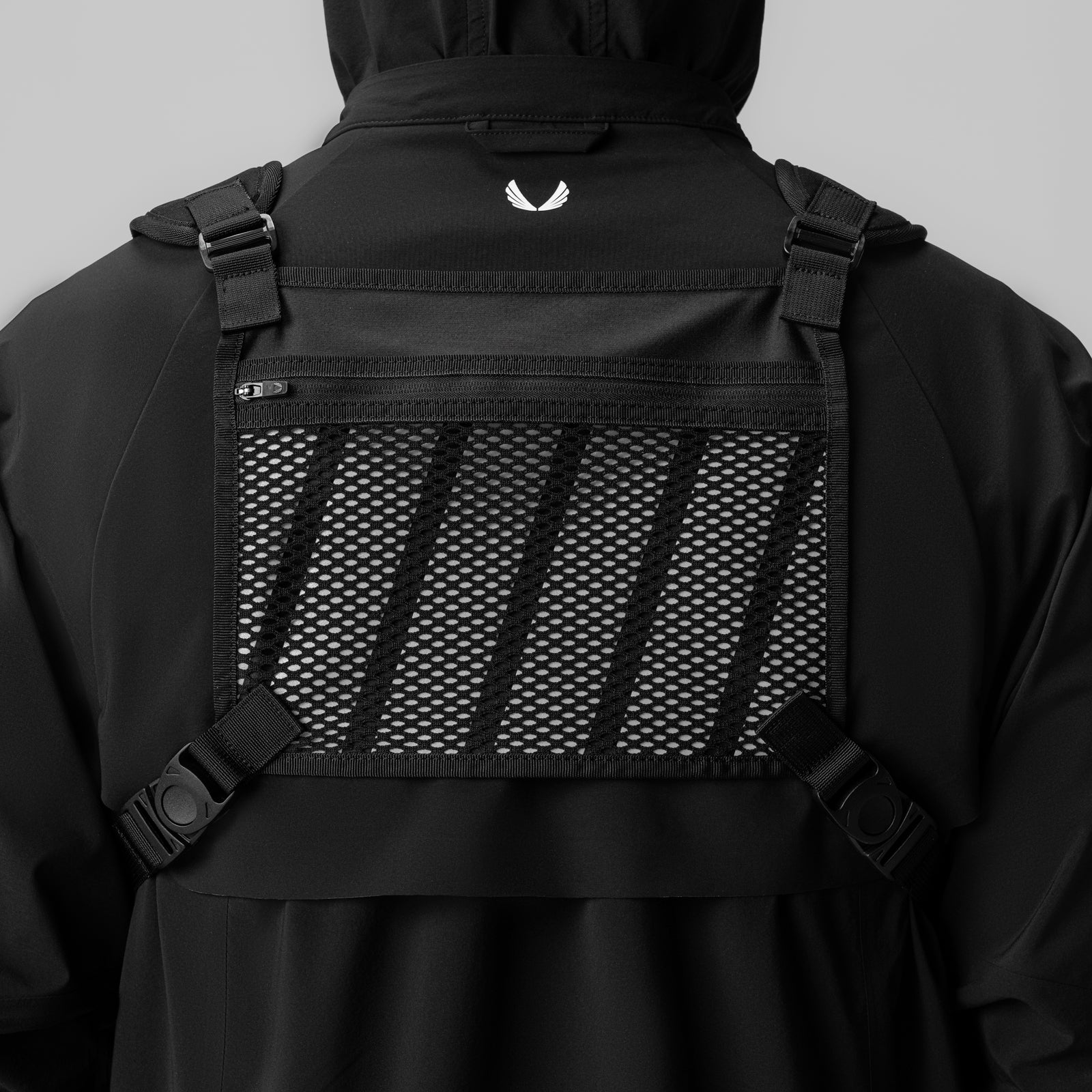 0634 Conditioning Chest Pack in black grid, back view worn on model