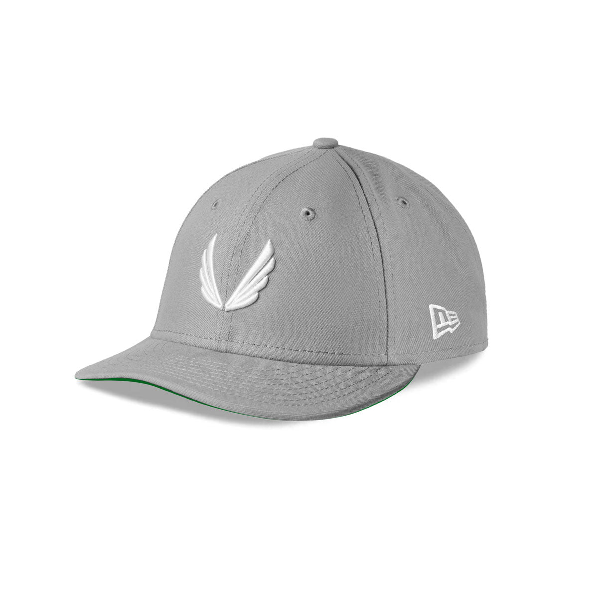 flatlay New Era 59Fifty Low Profile Hat in grey with white wings logo, front view