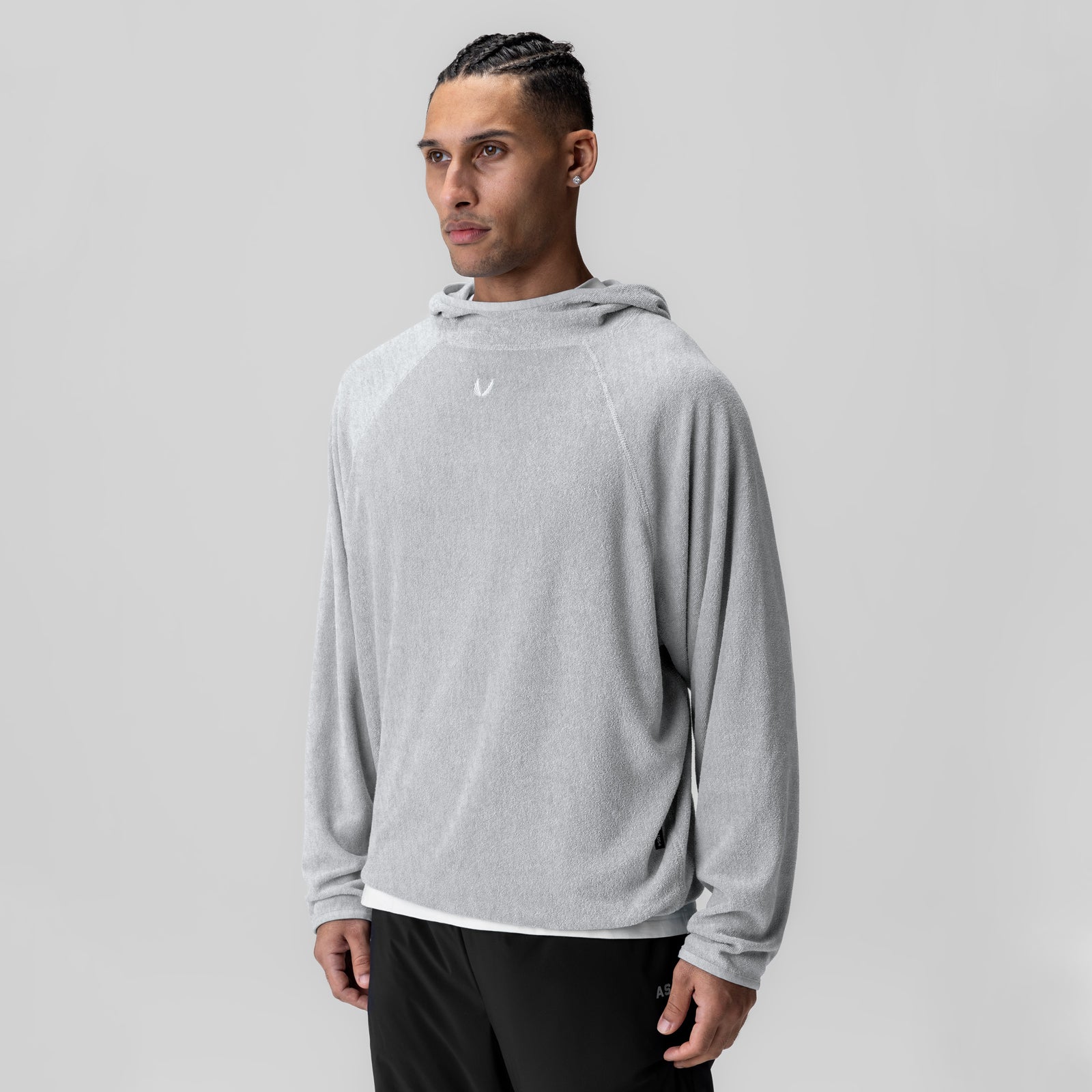 Towel Terry Reversible Hoodie in heather grey, worn by model, front view