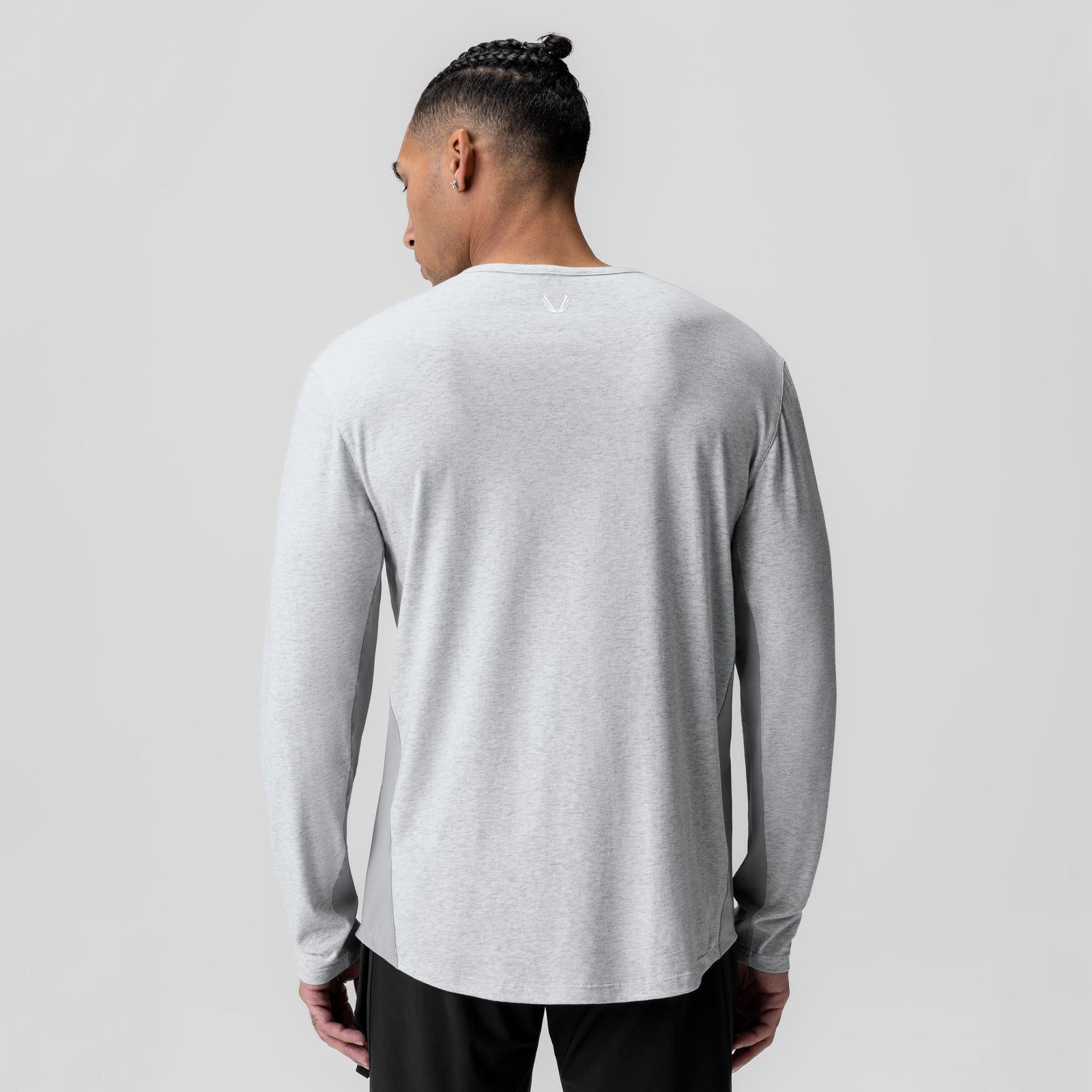 Heather grey long sleeve shirt on model, back view
