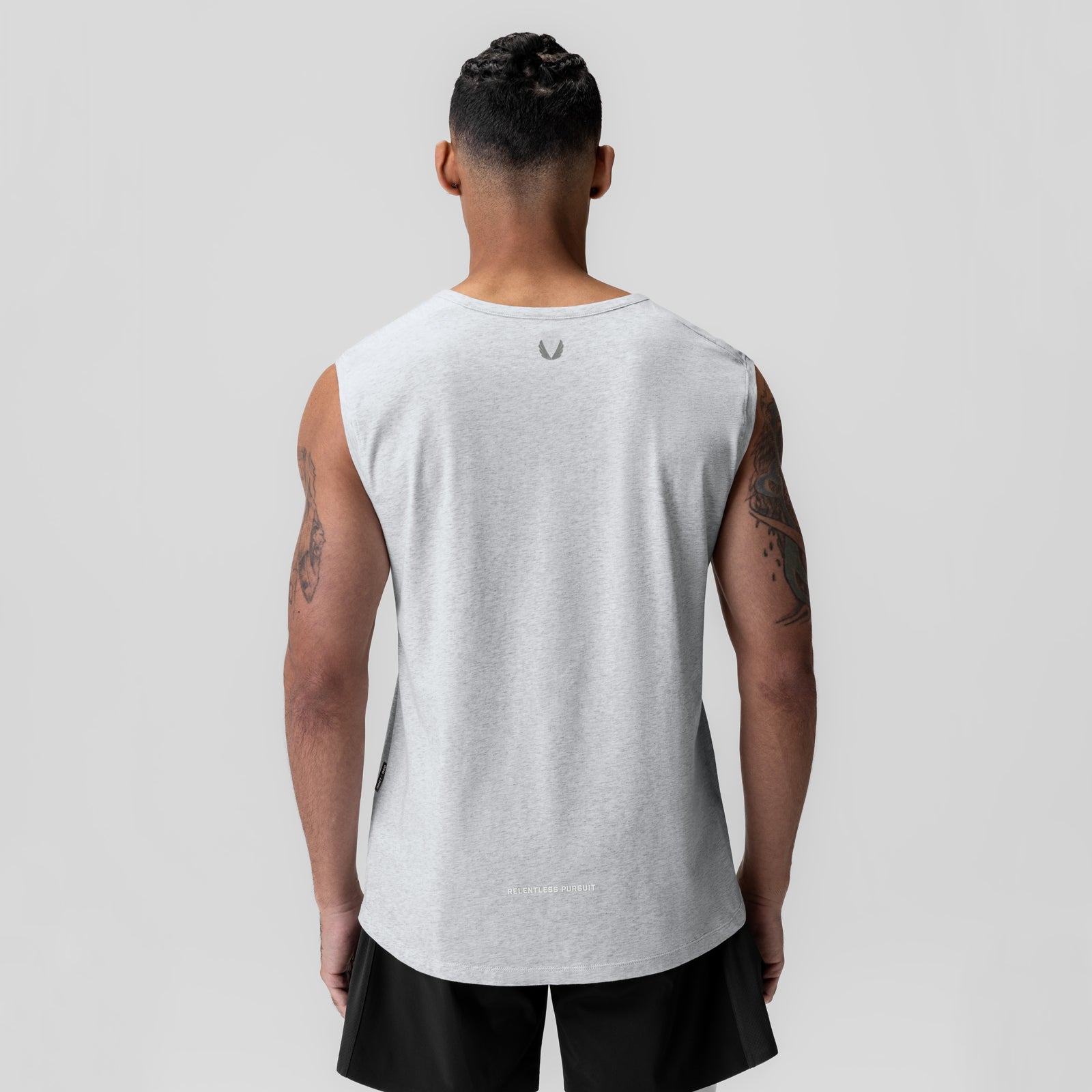 Heather grey Creora Cotton Modal Cutoff Tank worn by model, back view