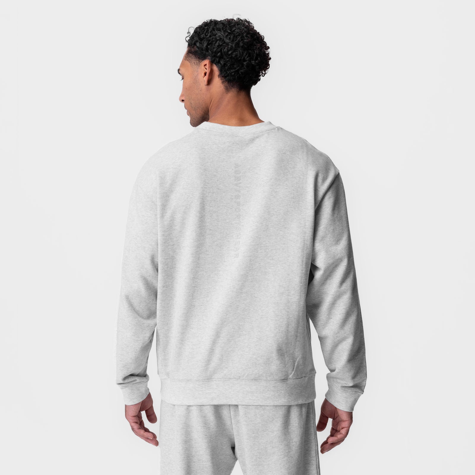 Herringbone Terry Crewneck in Heather Grey, back view on model