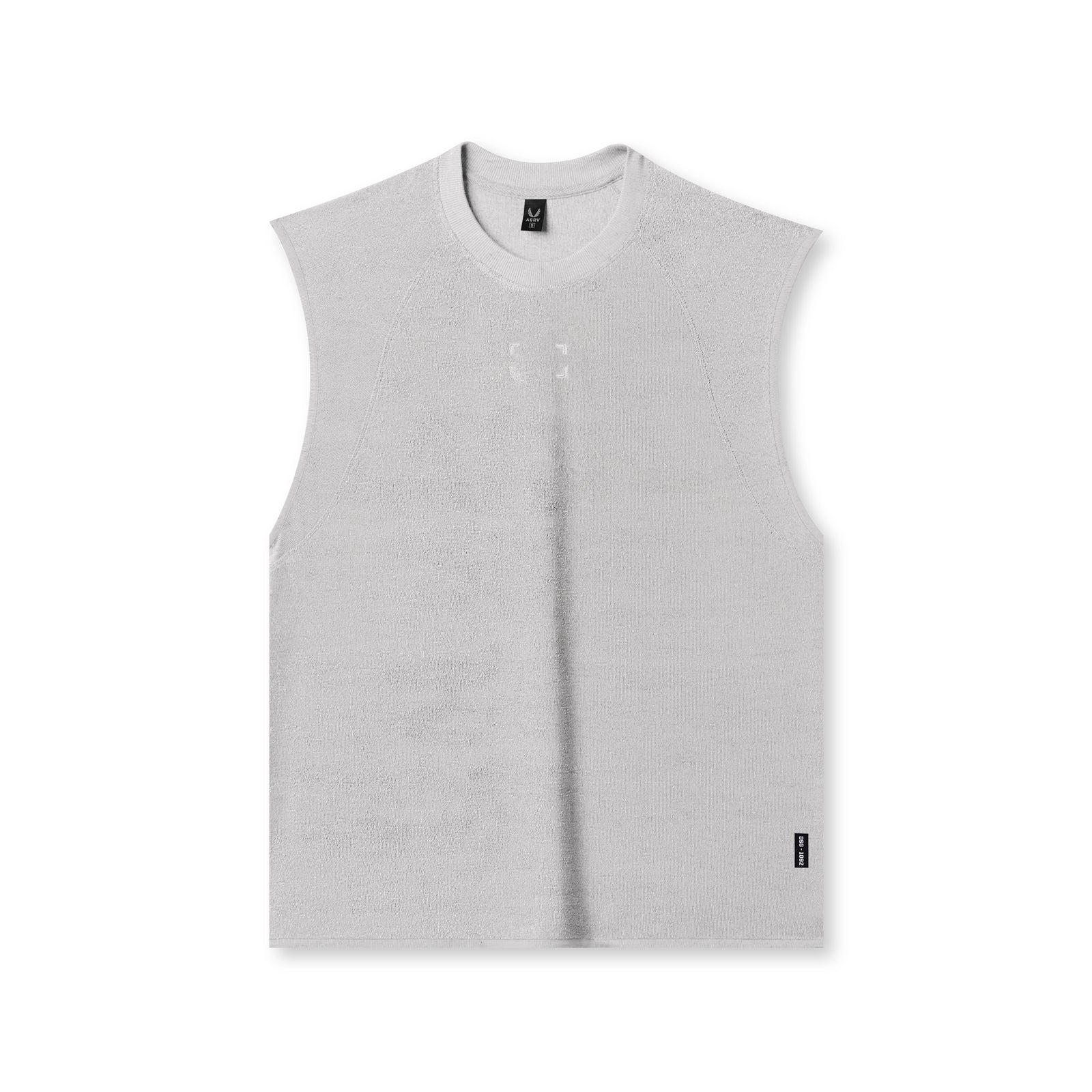 flatlay of heather grey towel terry cutoff sleeveless tank top, front view