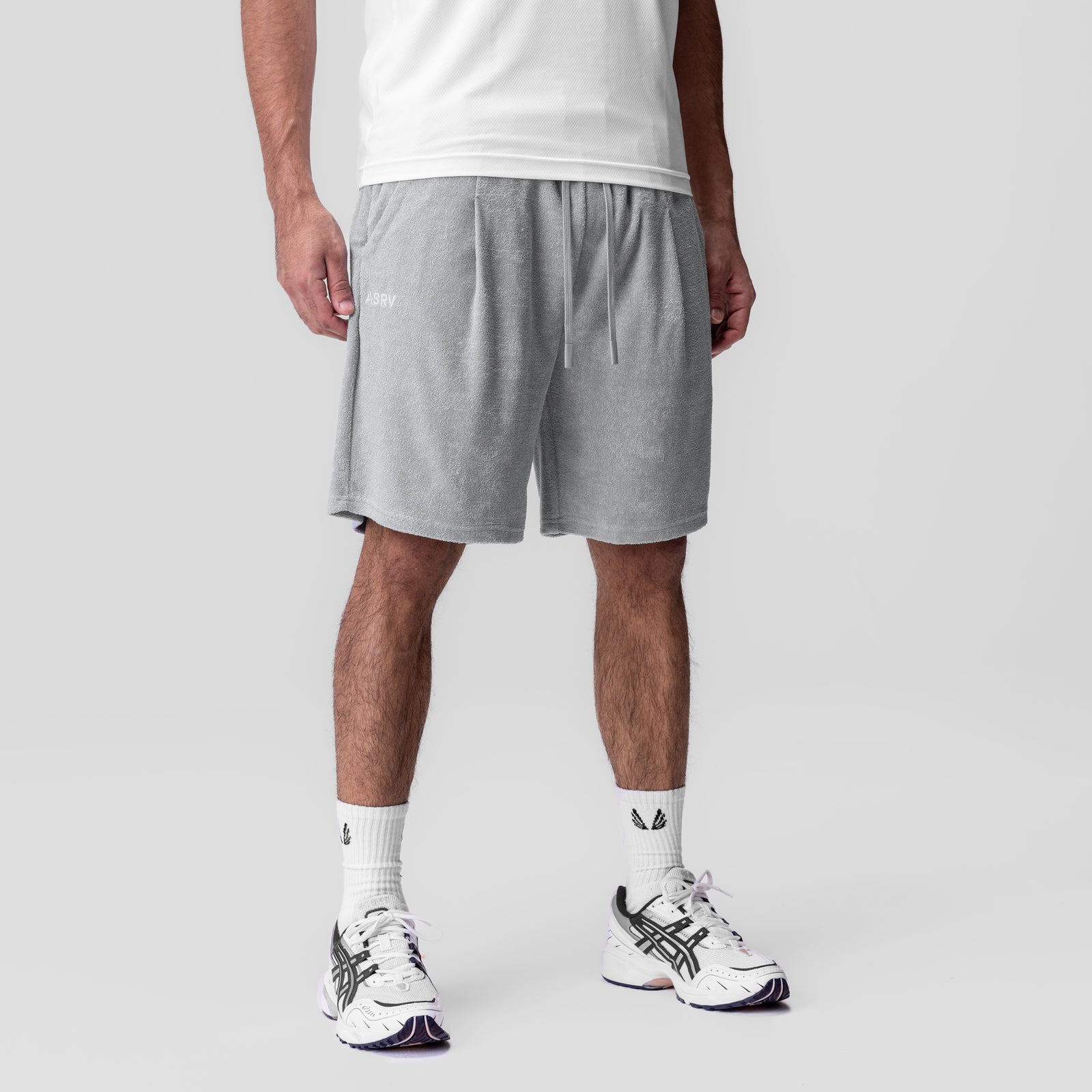 Towel Terry Relaxed Short in Heather Grey, worn with white t-shirt and sneakers, front view
