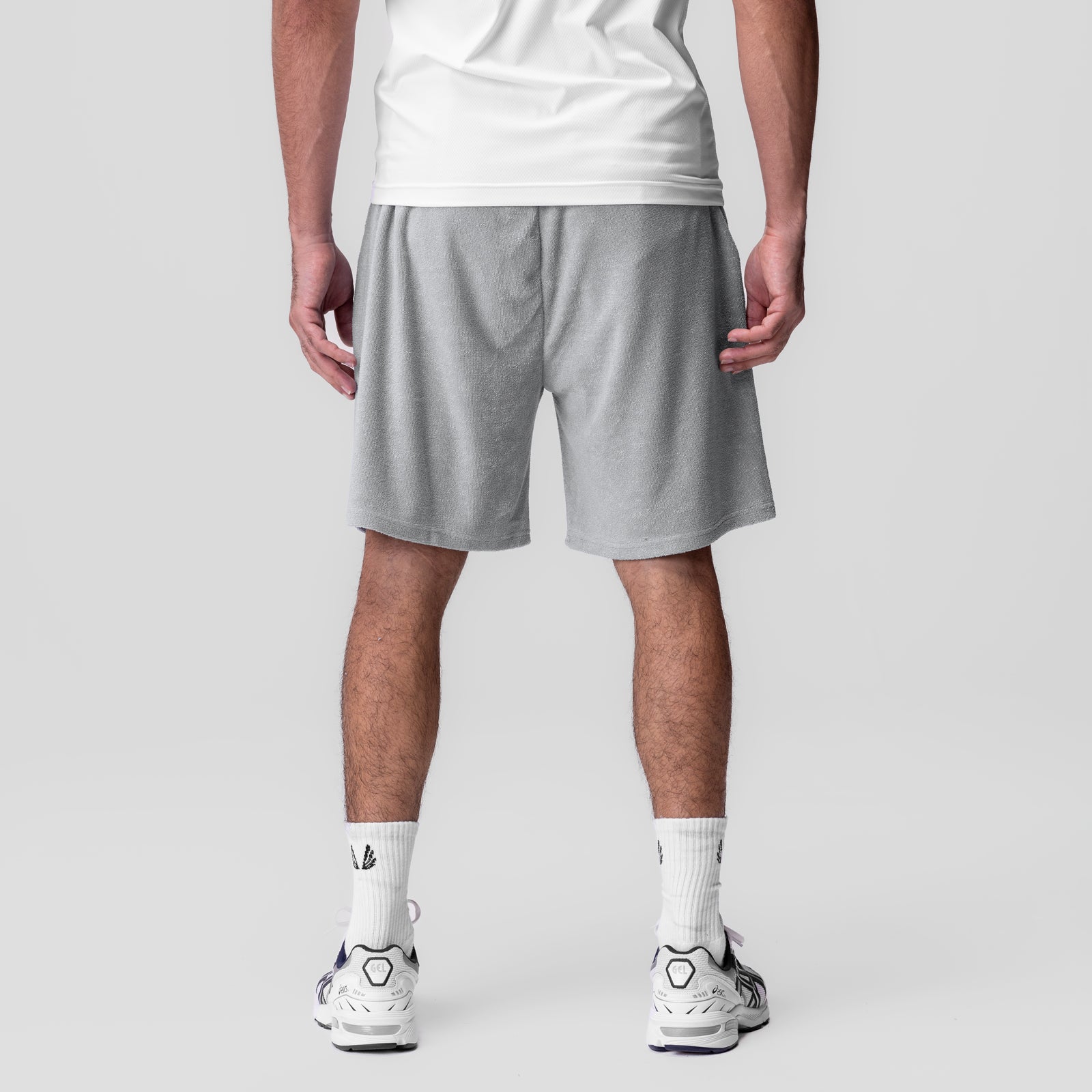 Towel Terry Relaxed Short in Heather Grey, back view on model
